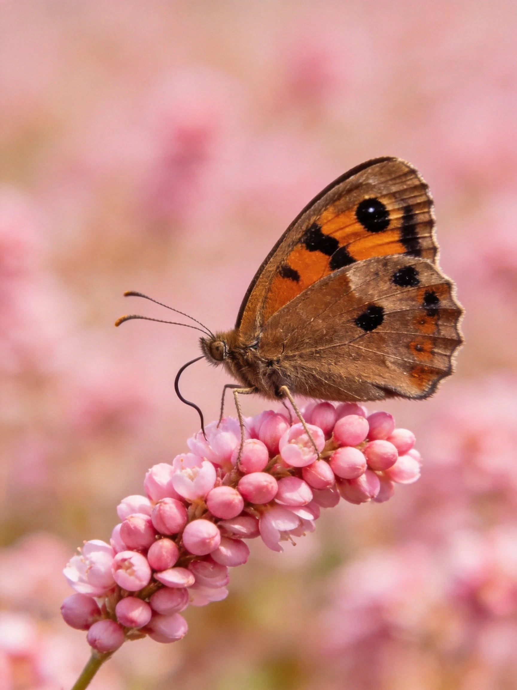 A butterfly with brown-orange wings perched on pink clustered blooms