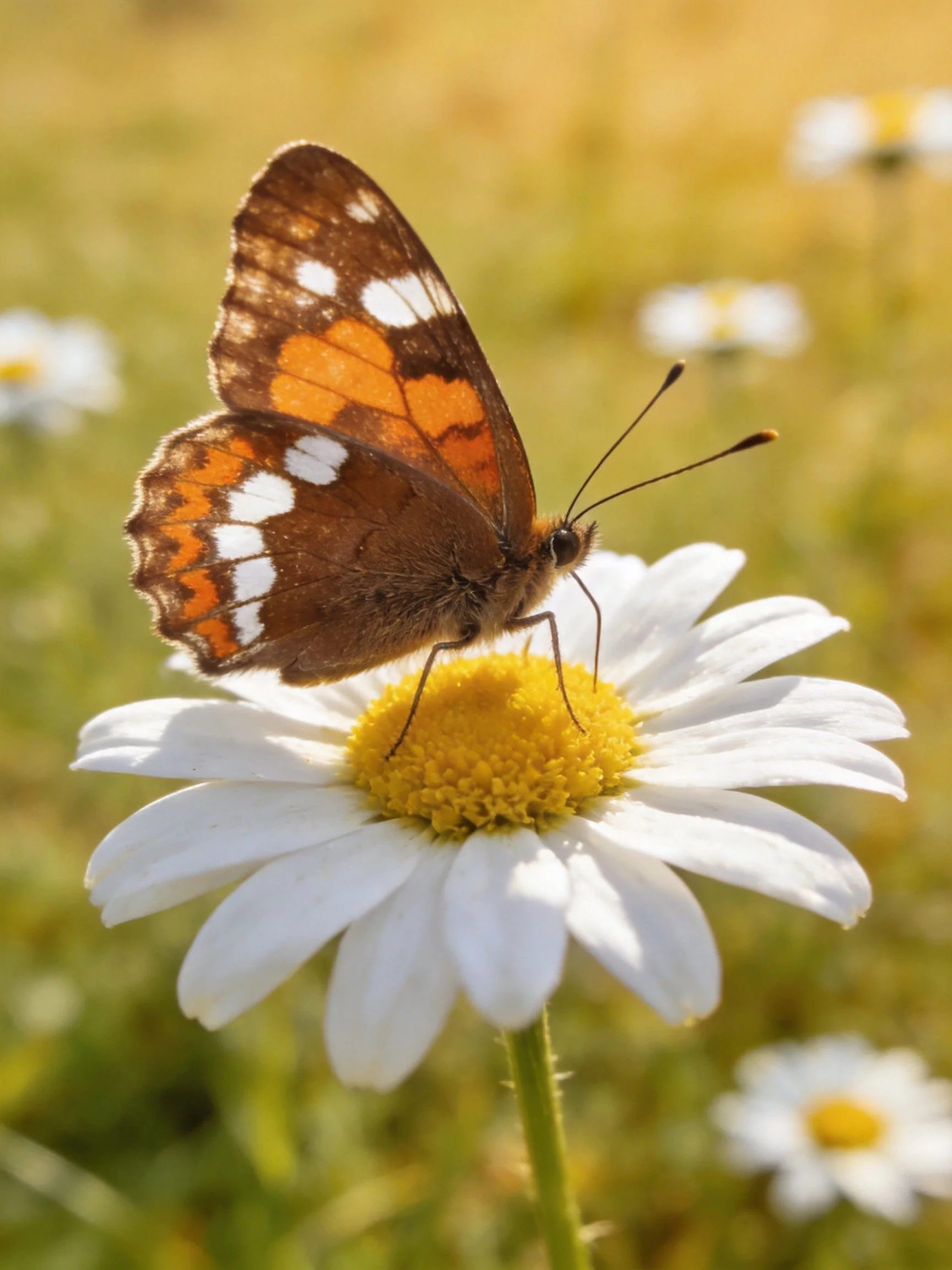 A butterfly with brown-orange wings perches on a white daisy