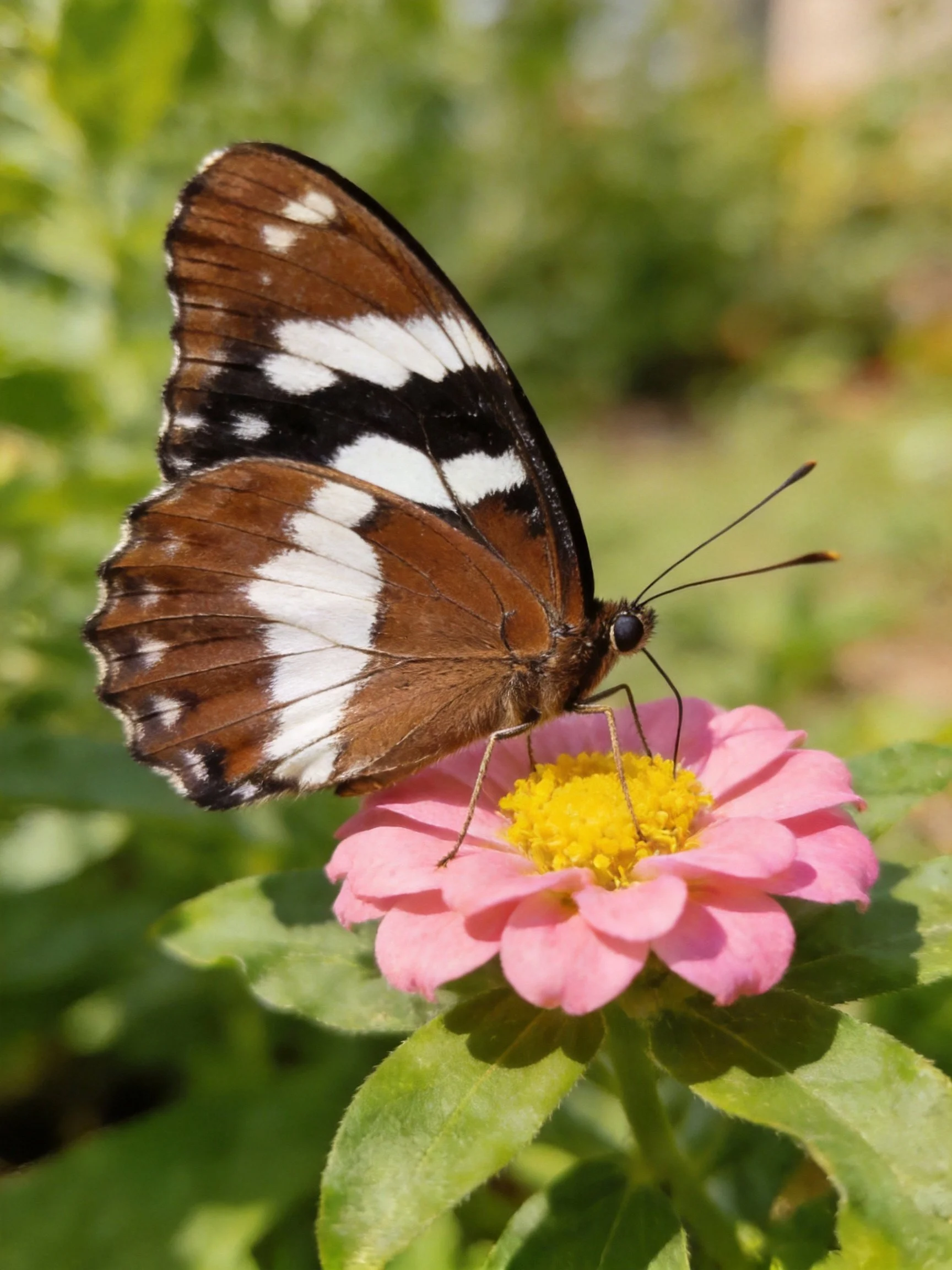 A butterfly with brown, white, and black wings perches on a pink flower