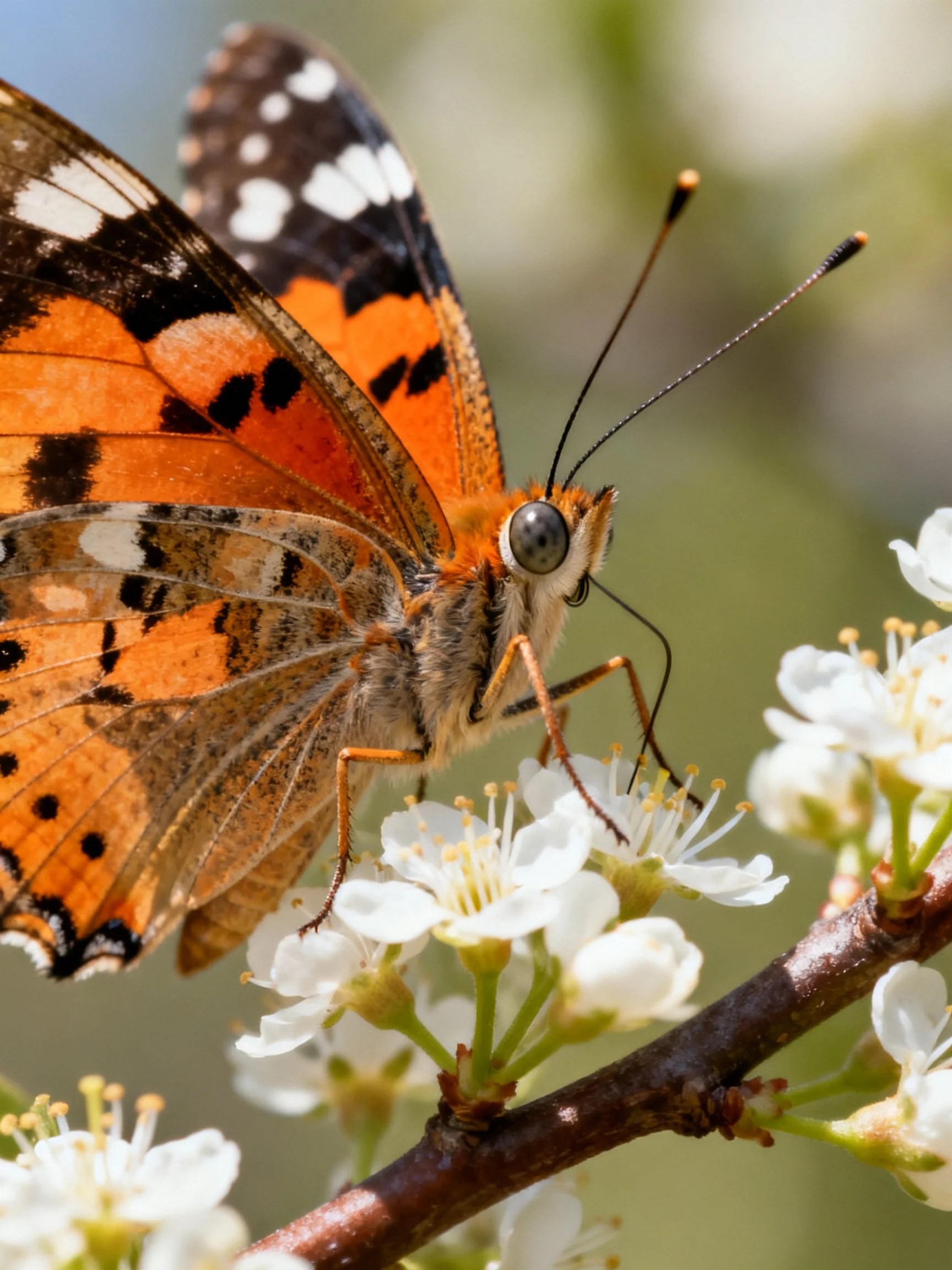 A butterfly with orange and black patterned wings resting on white blossoms