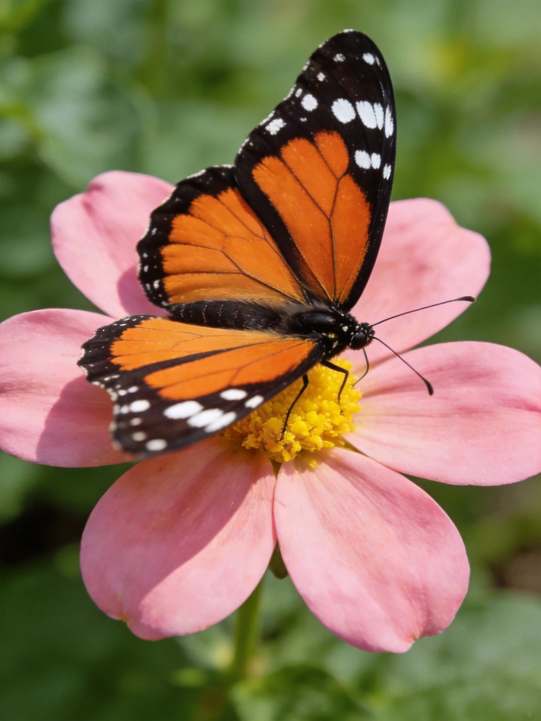 A butterfly with orange and black wings on a pink flower
