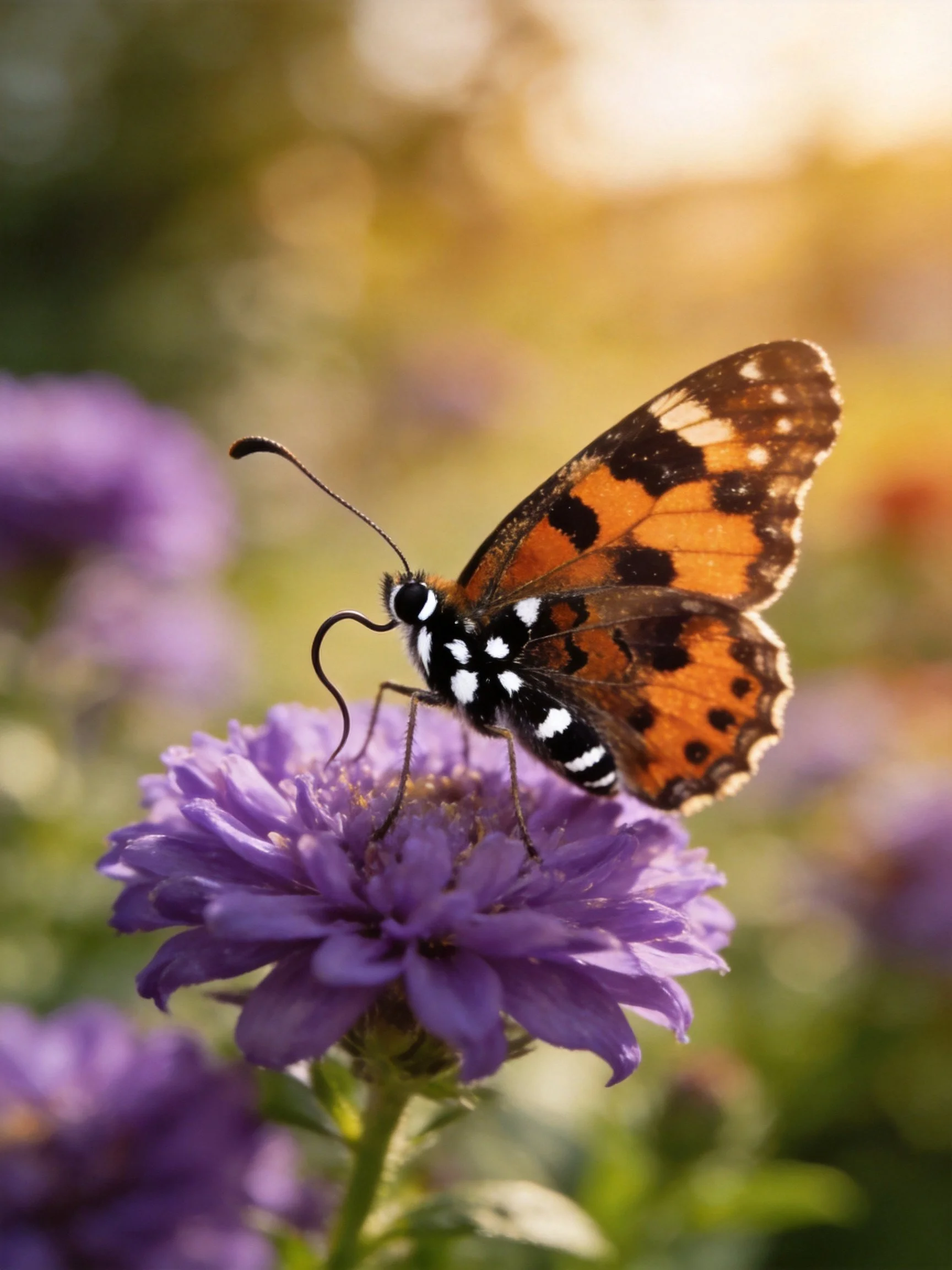 A butterfly with orange and black wings on a purple flower