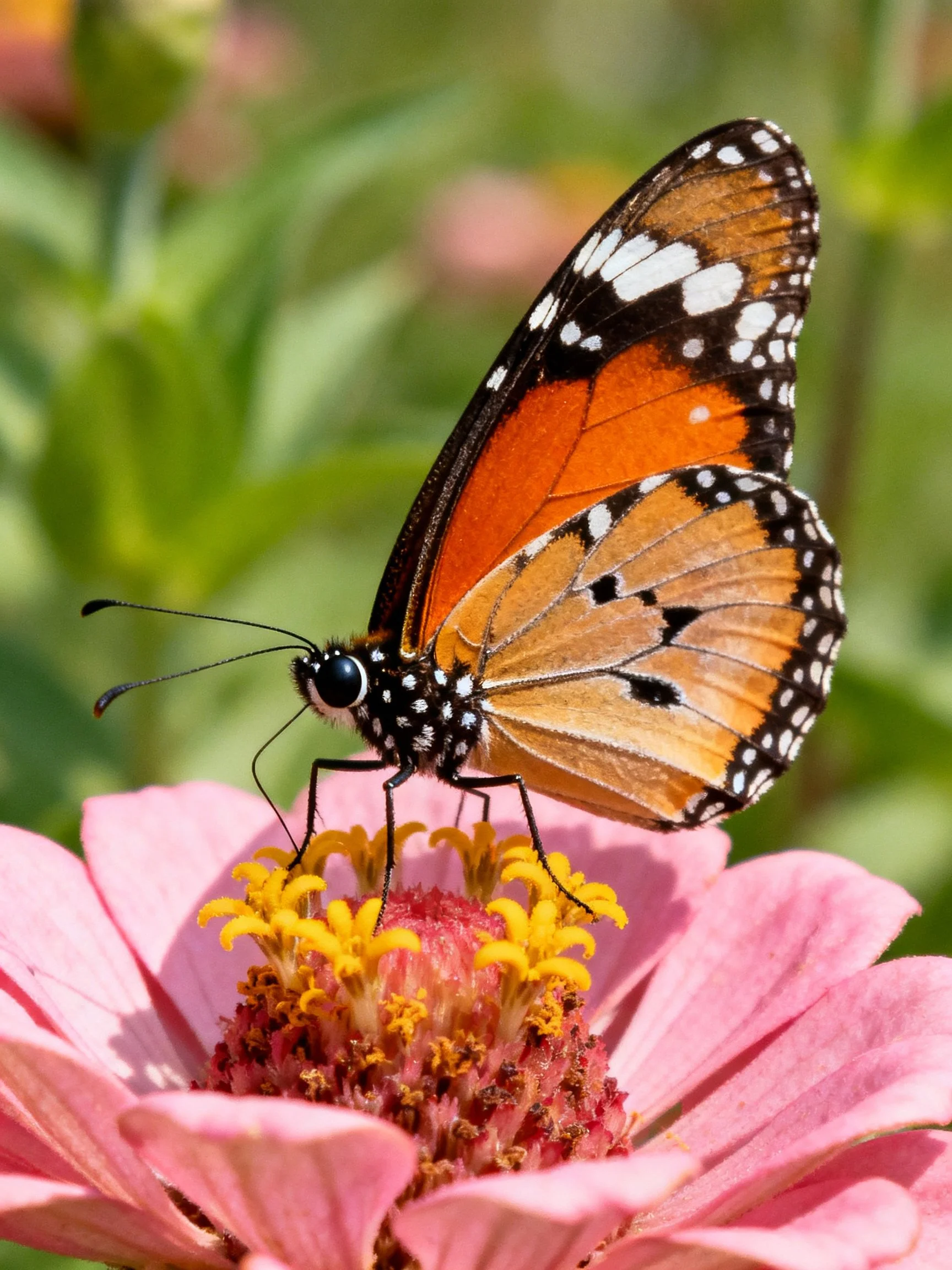 A butterfly with orange and black wings perches on a pink flower