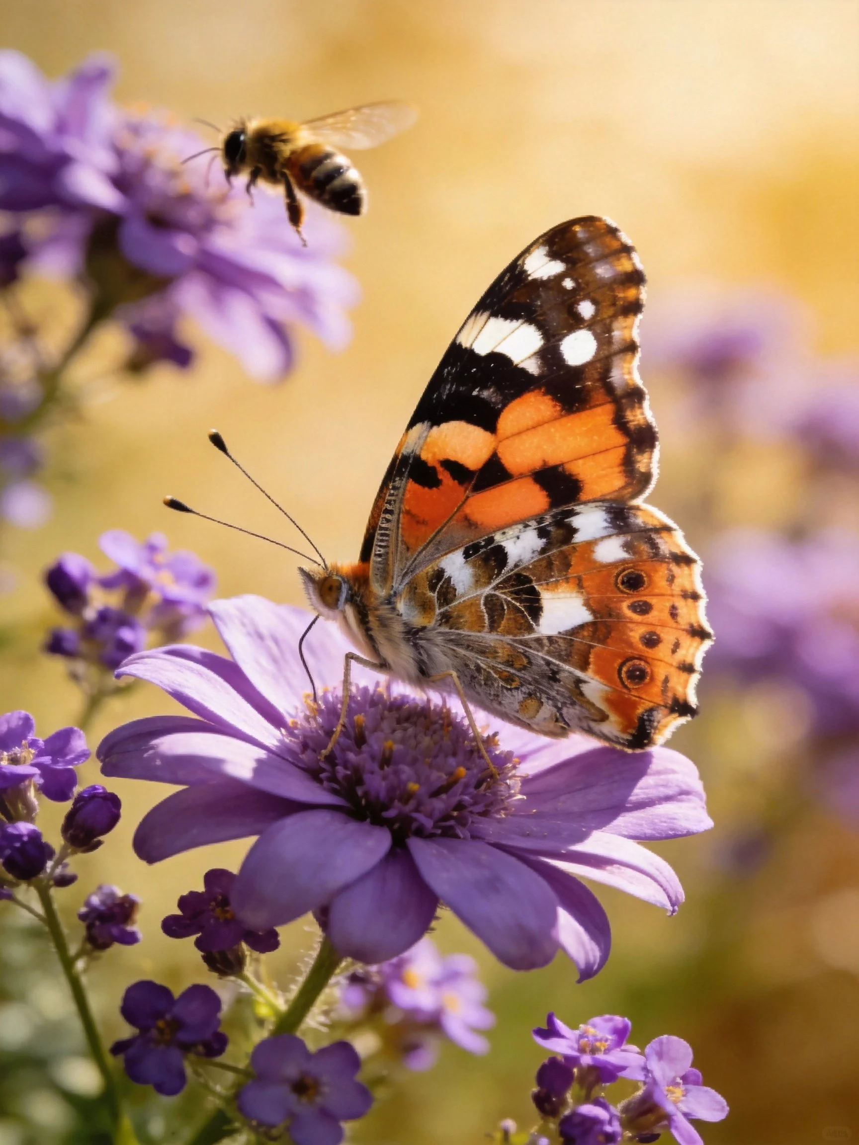 A butterfly with orange and black wings perches on a purple flower next to a flying bee
