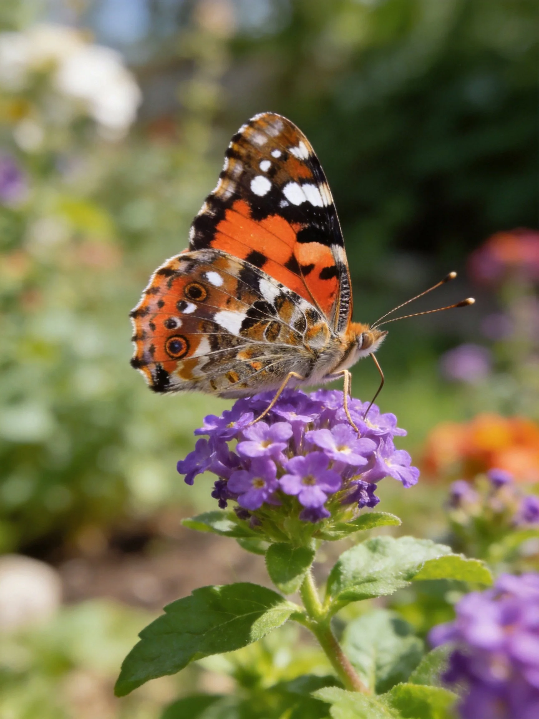 A butterfly with orange, black, and white wings perches on purple flowers