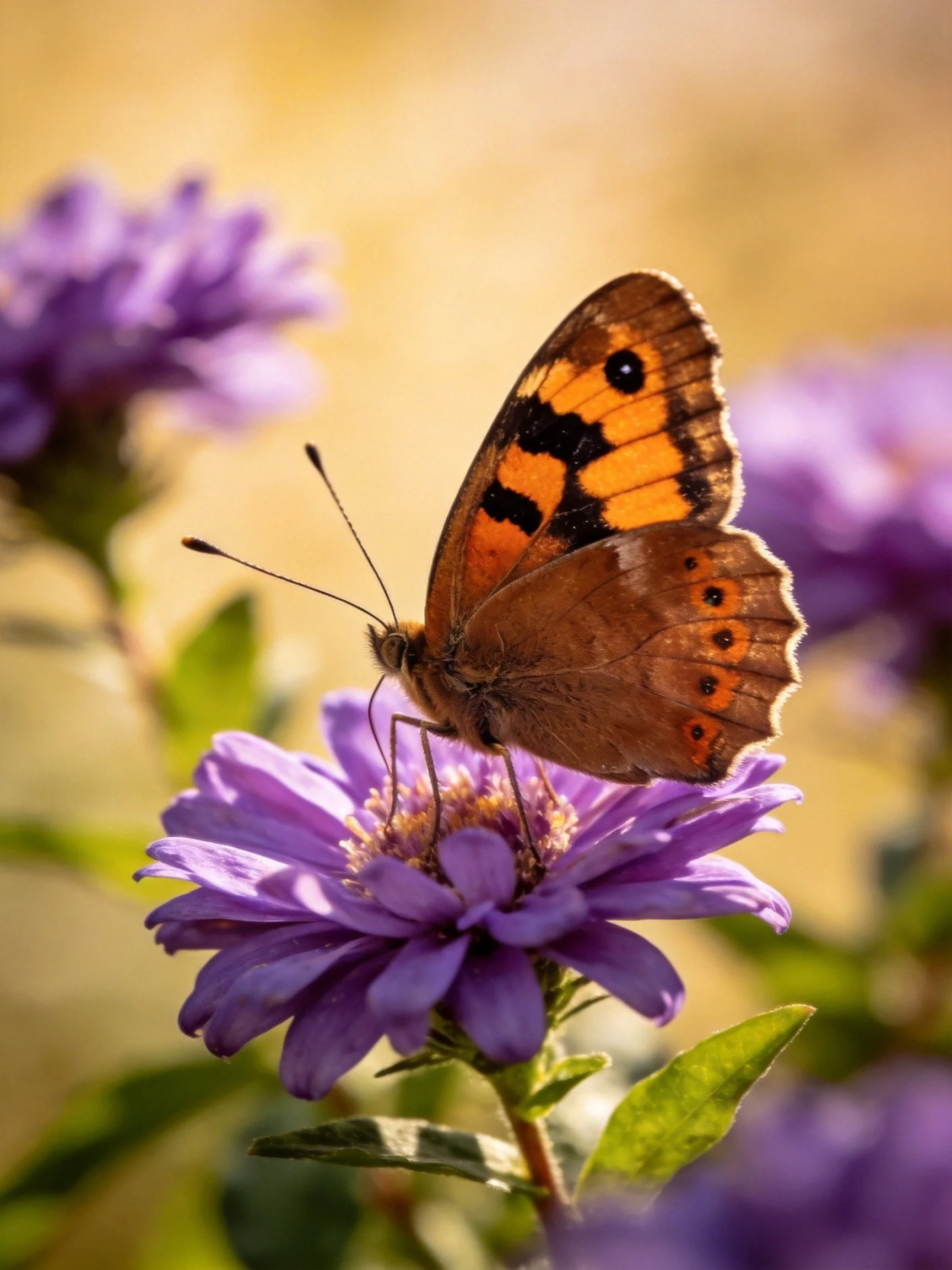 A butterfly with orange-brown wings perched on a vibrant purple flower