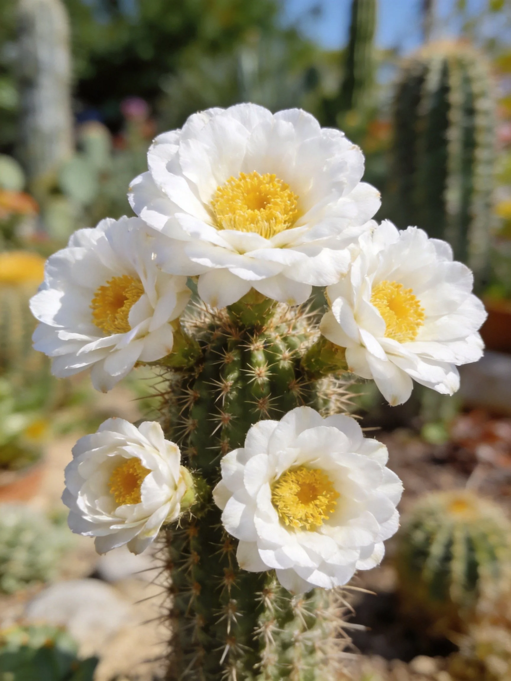 A cactus with five white flowers and bright yellow centers