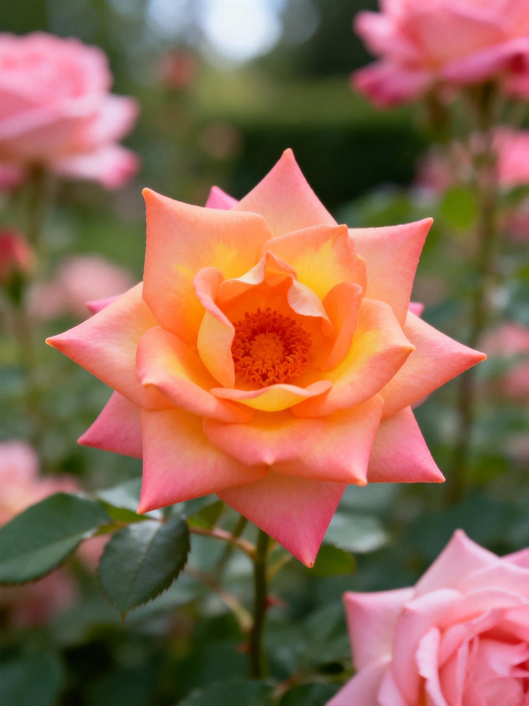 A central orange-pink rose surrounded by soft pink roses in a garden