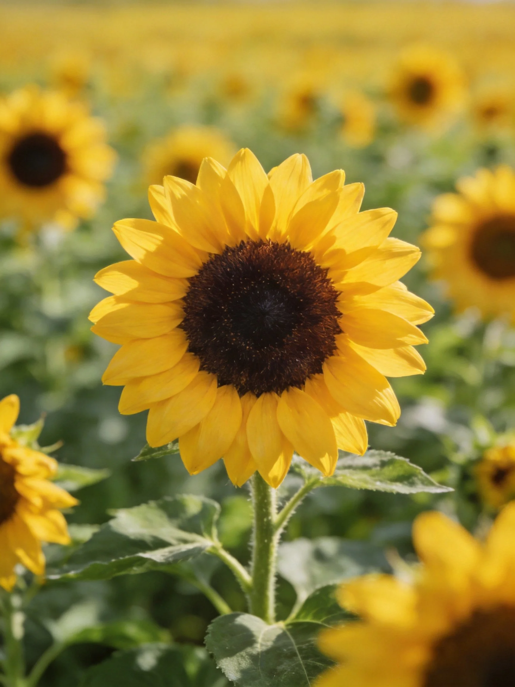A central sunflower with golden petals stands among many sunflowers in a field