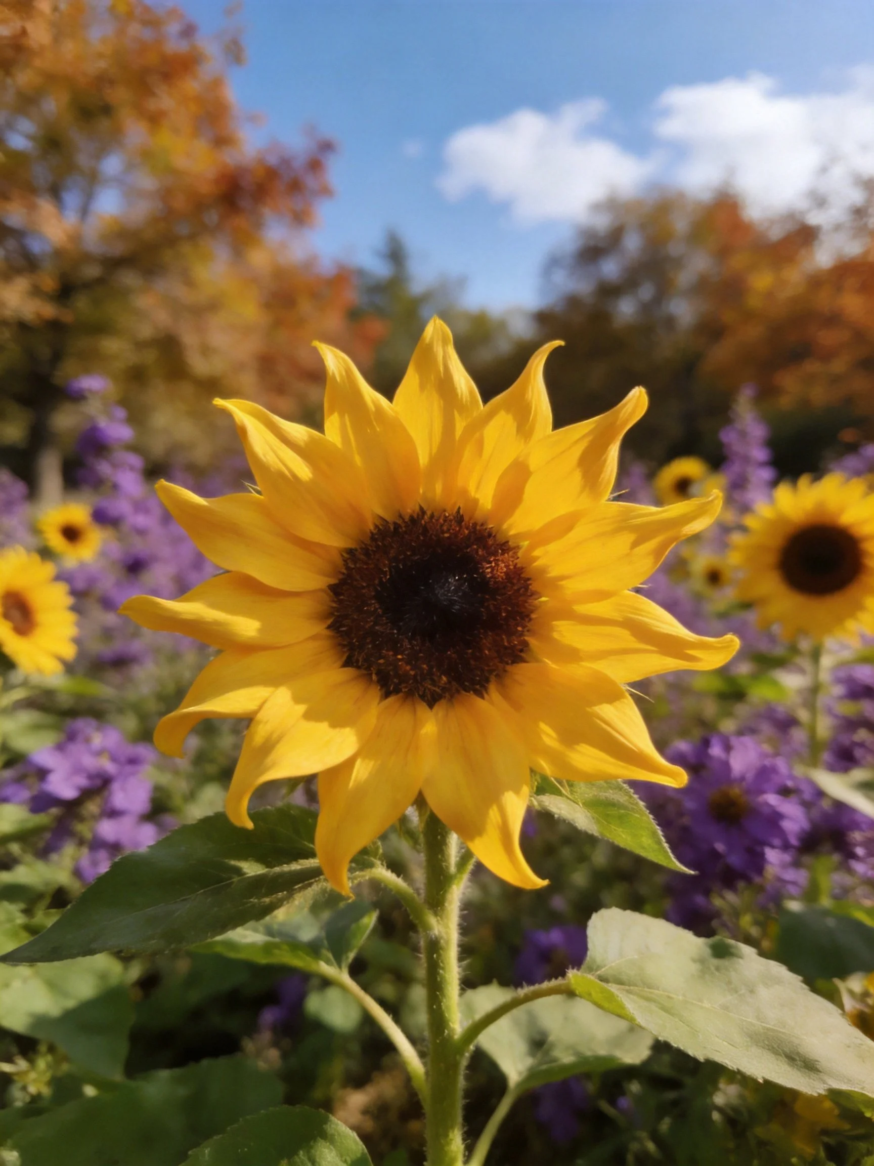 A central sunflower with purple flowers and autumn trees