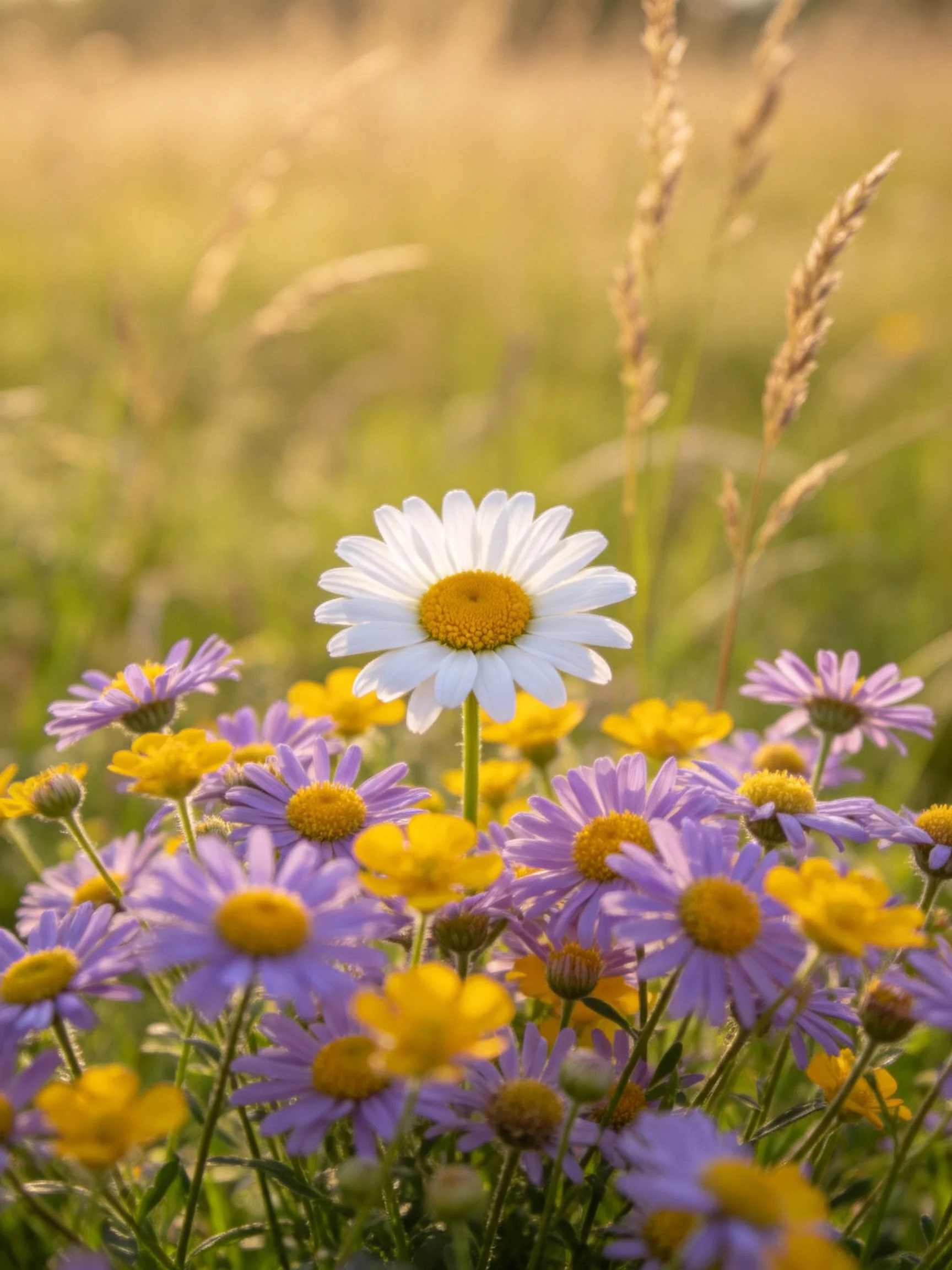 A central white daisy among purple and yellow wildflowers in a sunlit meadow