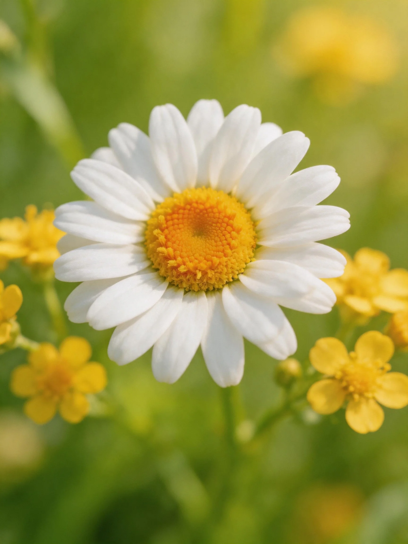 A central white daisy with an orange center amid small yellow flowers