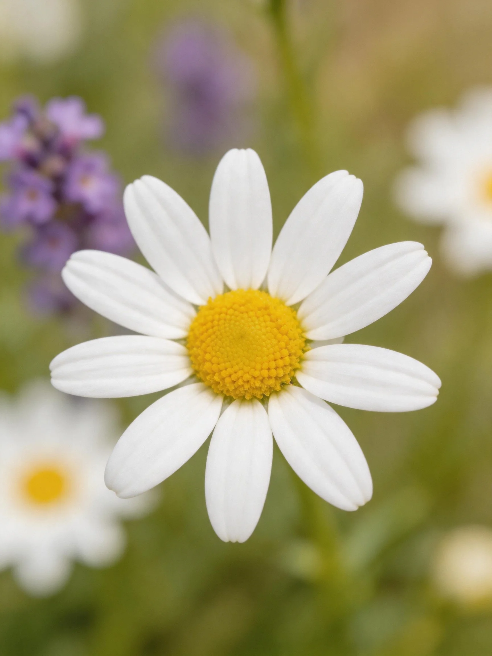 A central white daisy with yellow center, surrounded by blurred floral elements