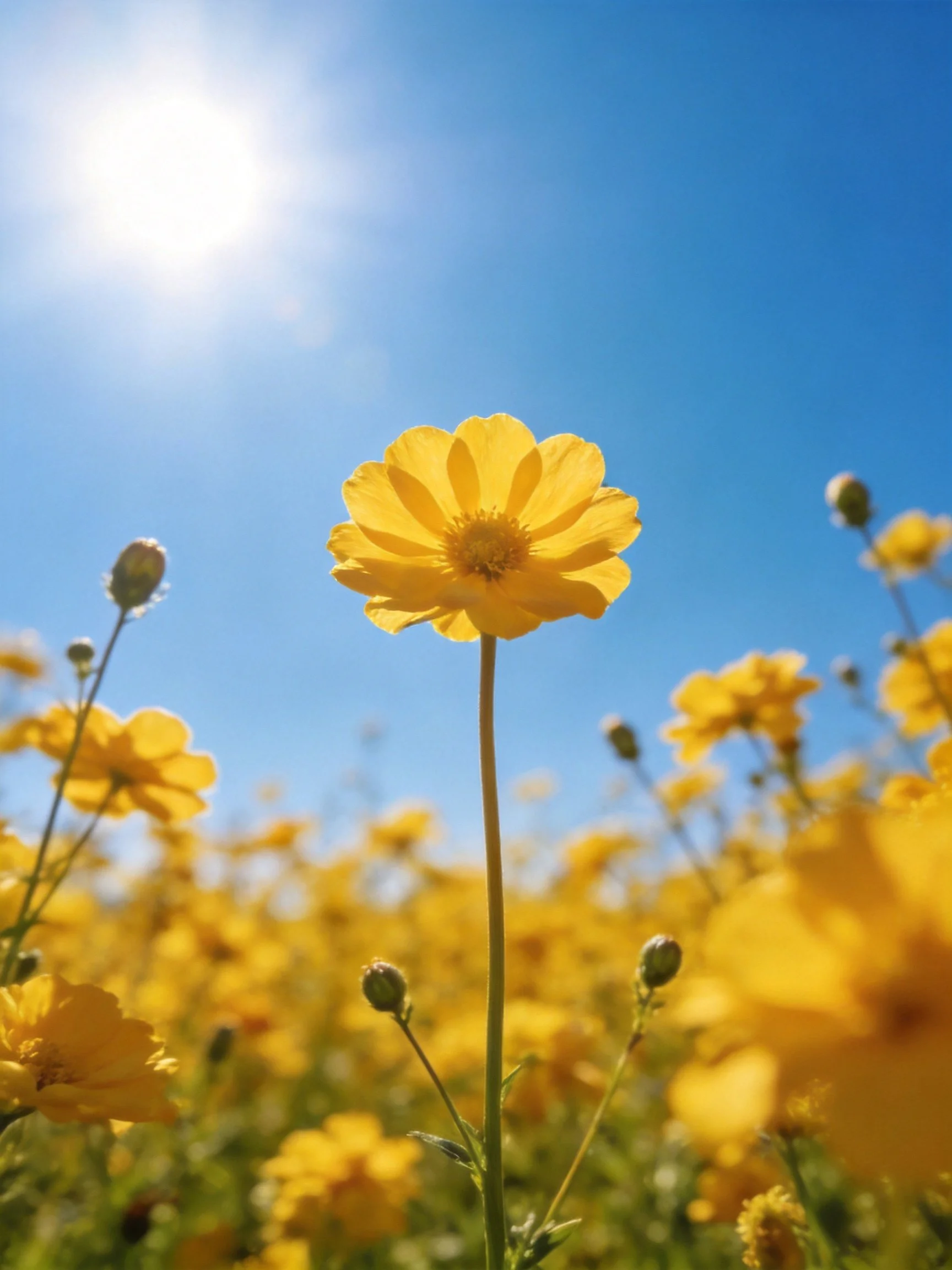 A central yellow flower amid yellow blooms under a clear blue sky