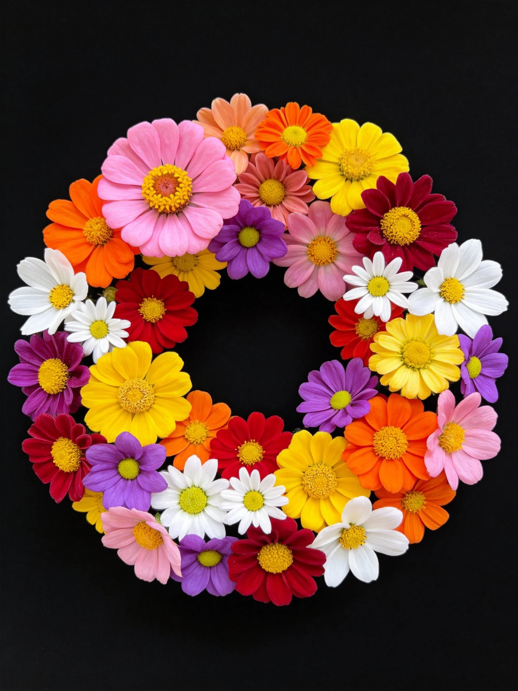 A circular wreath of diverse colorful flowers