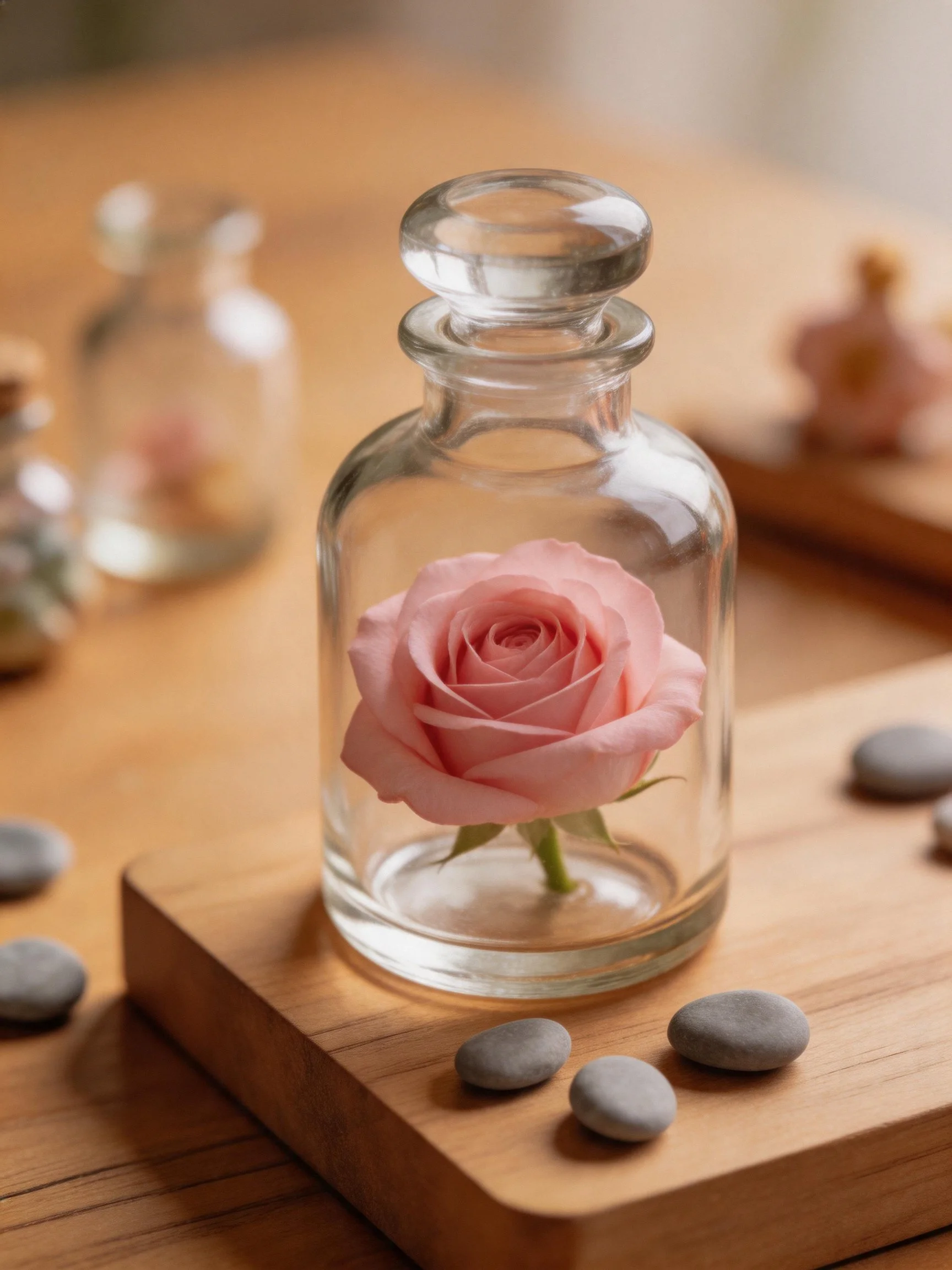 A clear glass bottle encloses a single pink rose on a wooden board