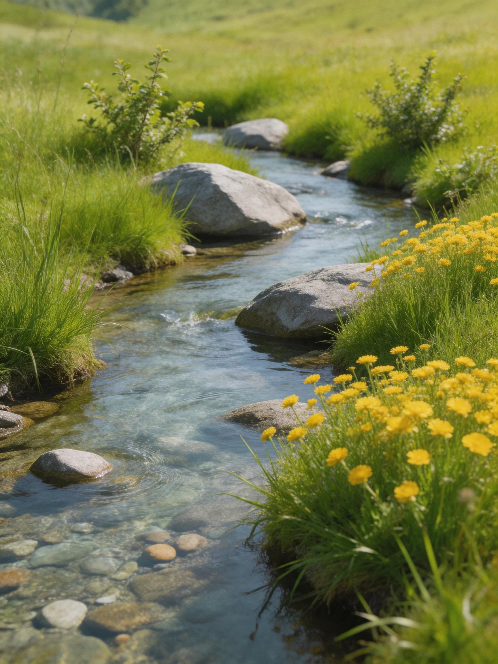 A clear stream winds through a lush meadow with rocks and yellow wildflowers
