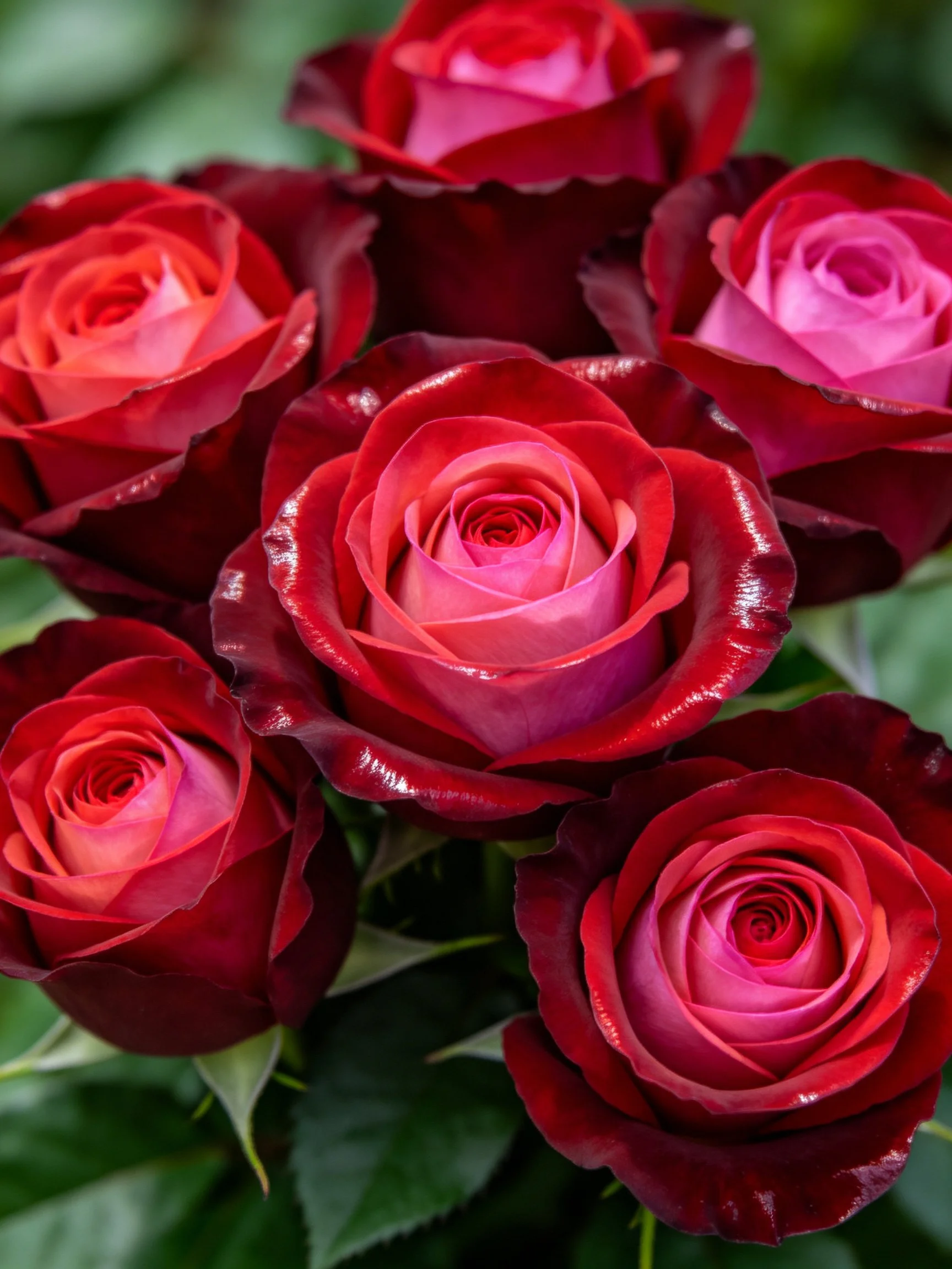 A close - up bouquet of red and pink roses with glossy petals
