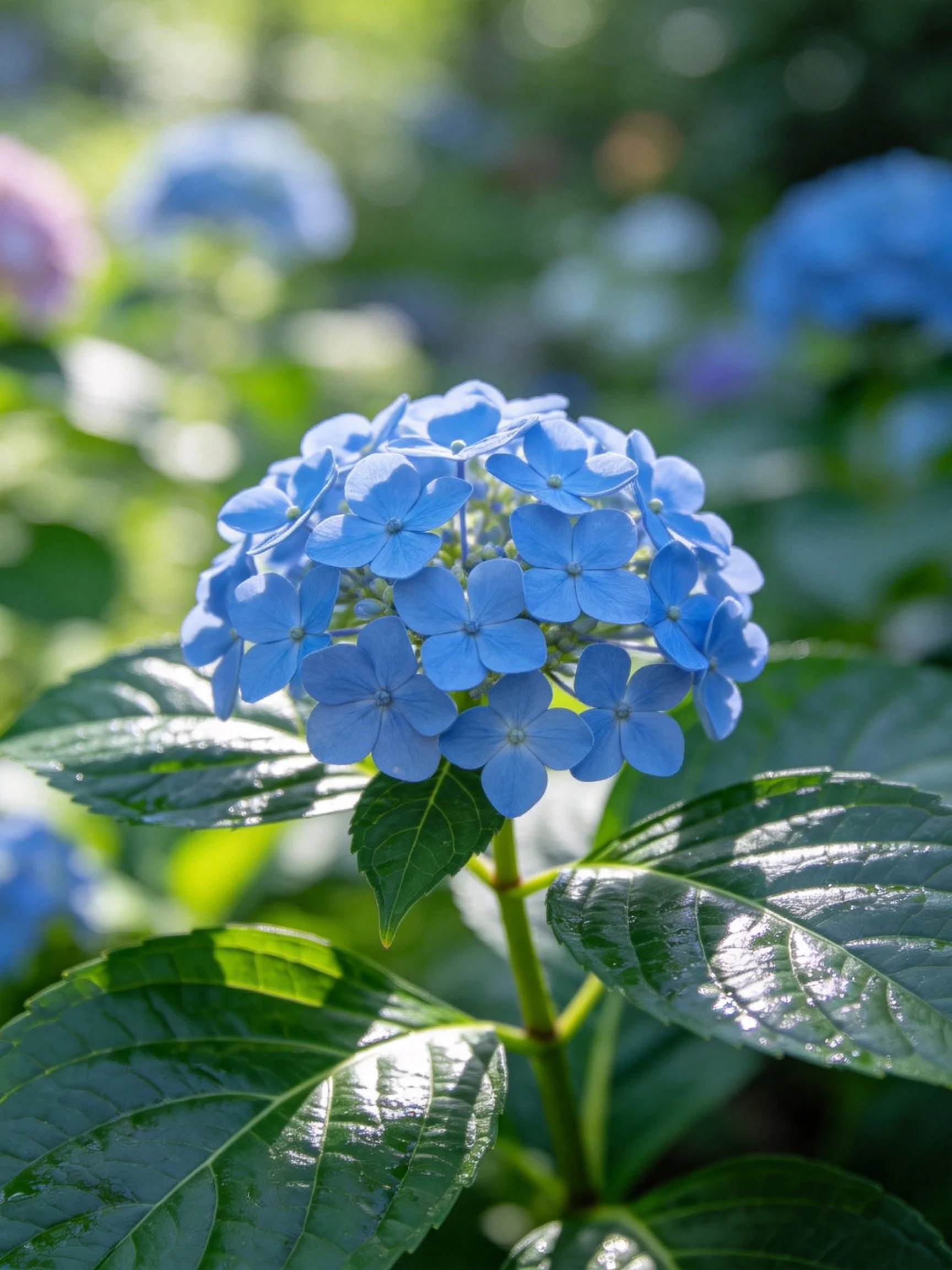 A close - up of a bright blue hydrangea cluster with large glossy green leaves