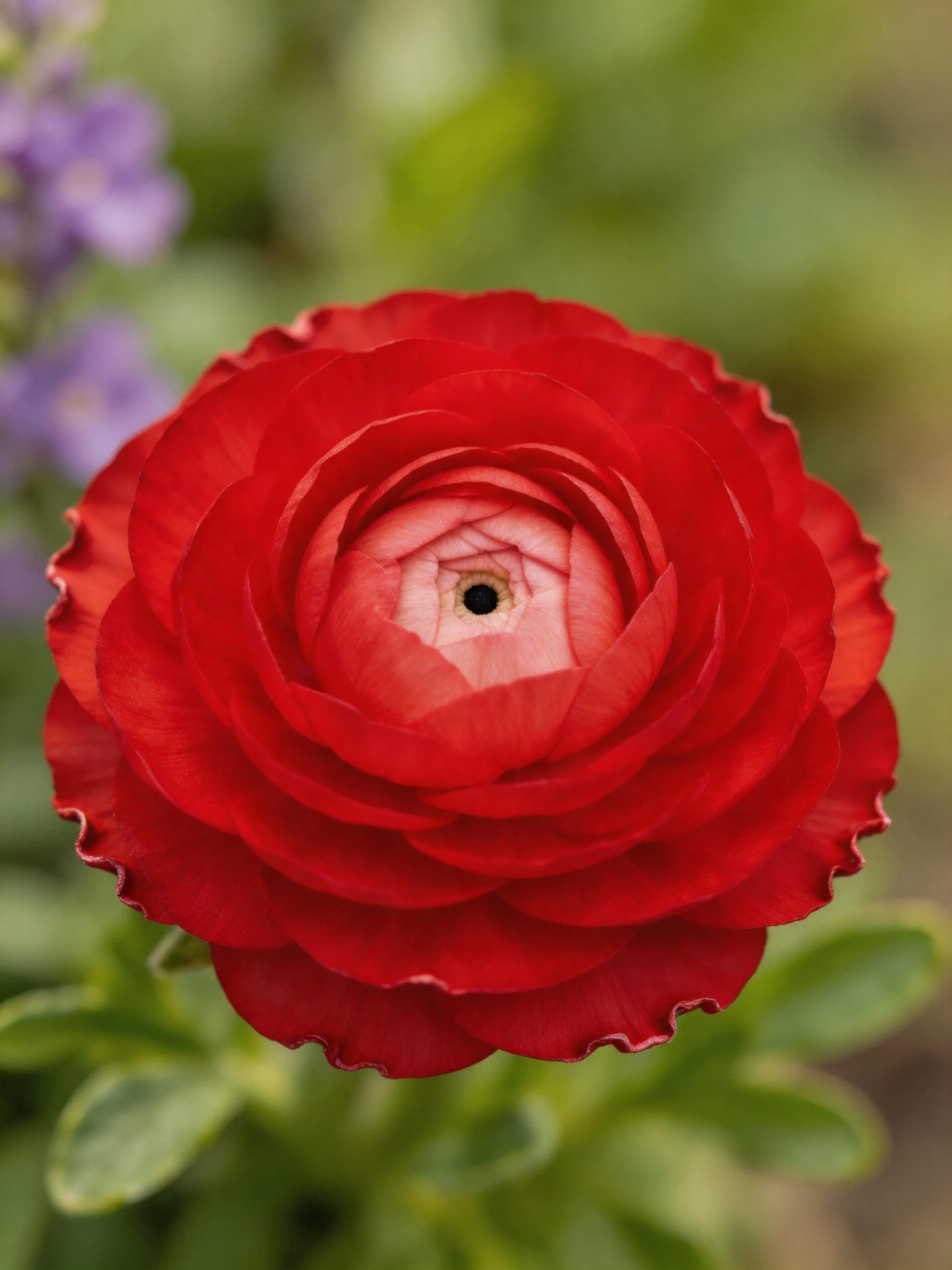 A close - up of a bright red ranunculus flower with layered petals