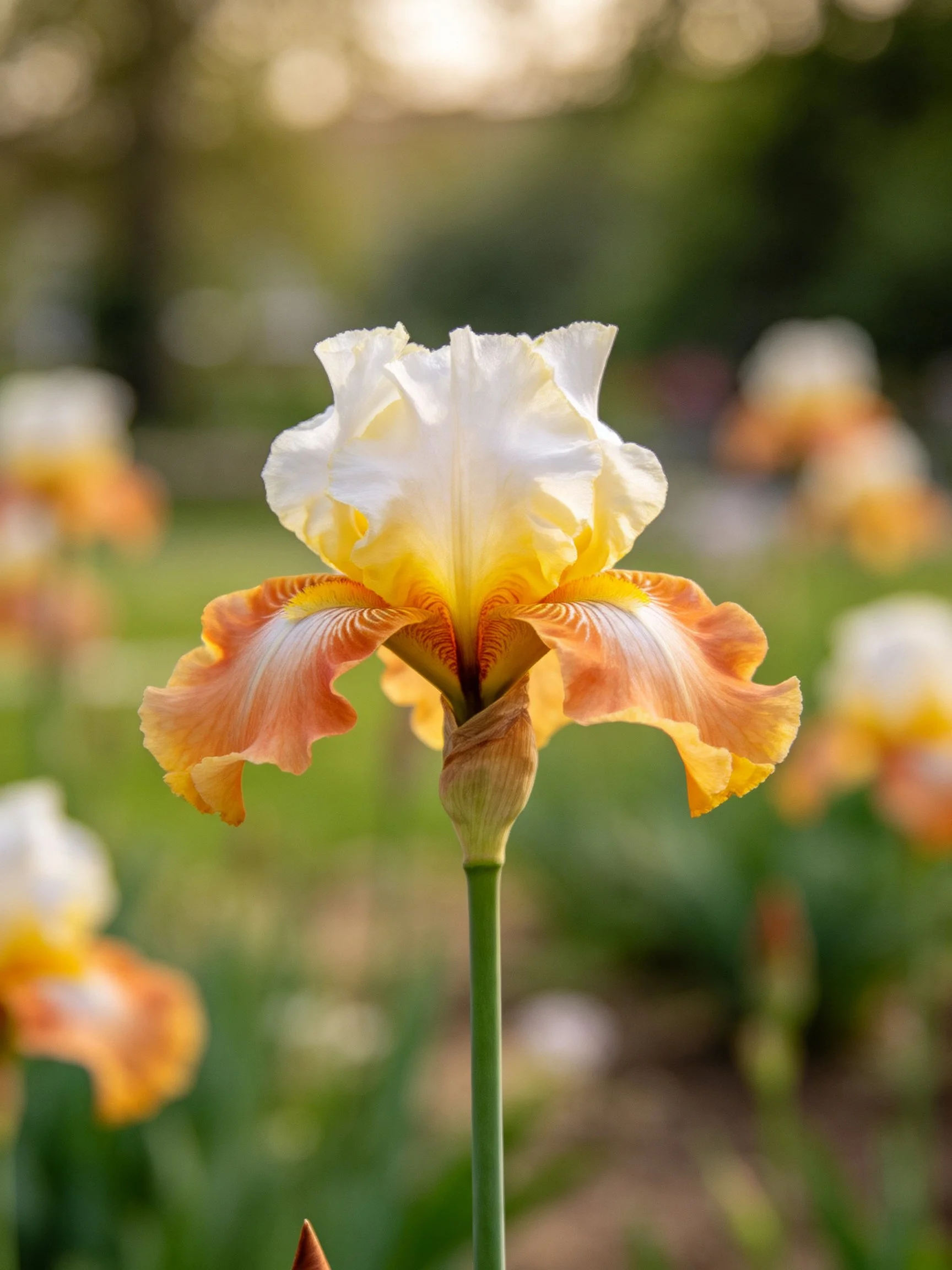 A close-up of a colorful iris flower with white, yellow, and orange petals