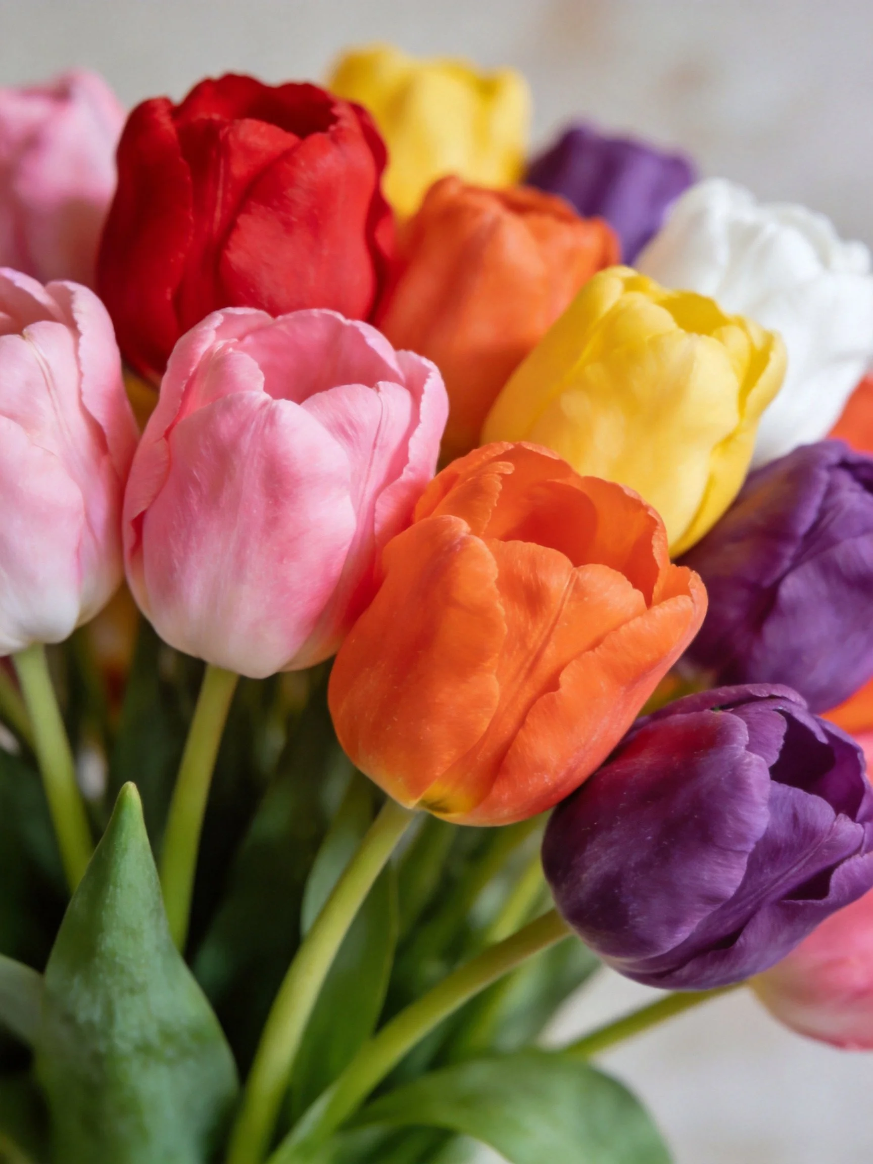 A close - up of a colorful tulip bouquet with diverse flower hues