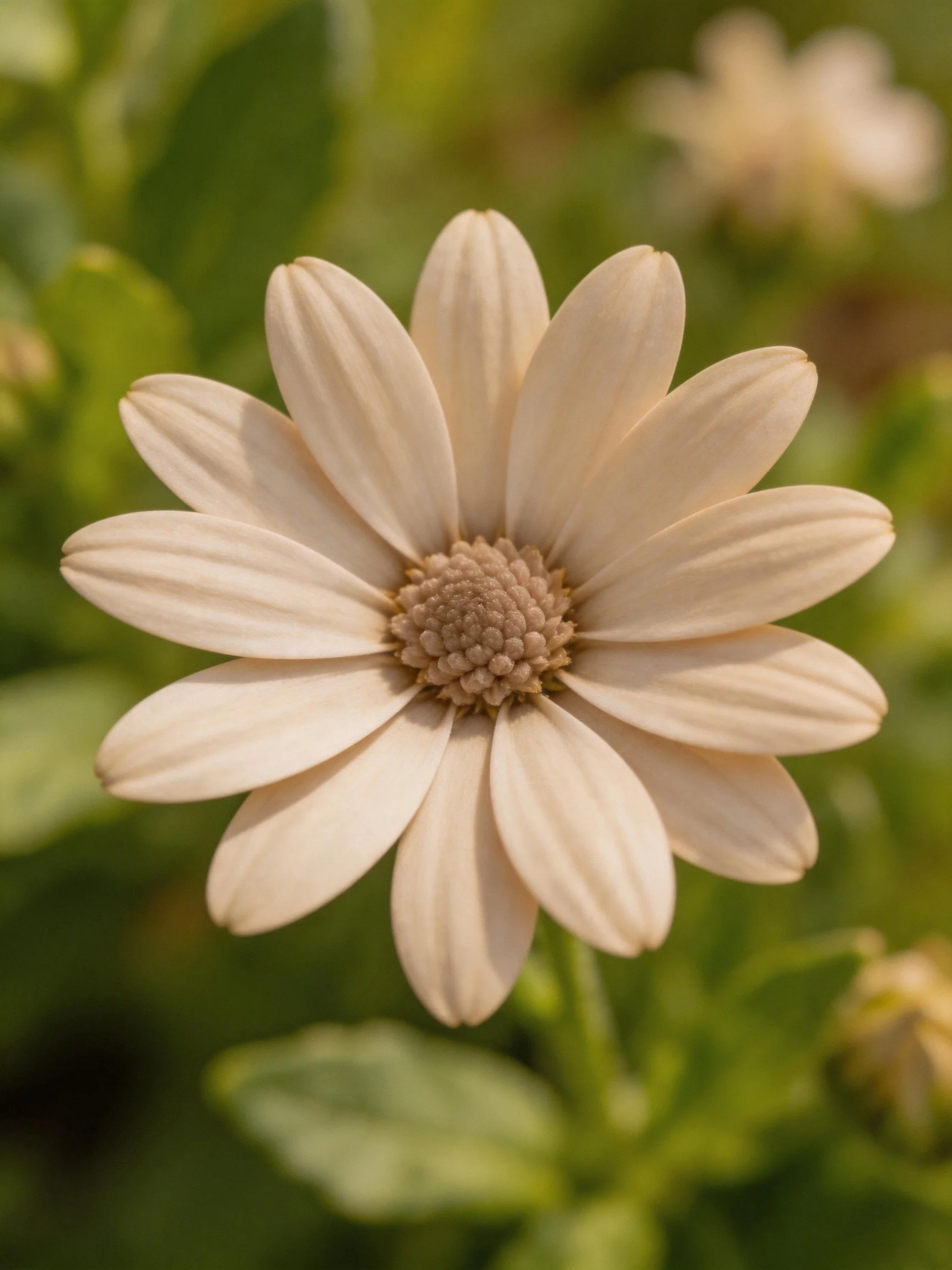 A close - up of a cream - hued daisy with a textured brown center