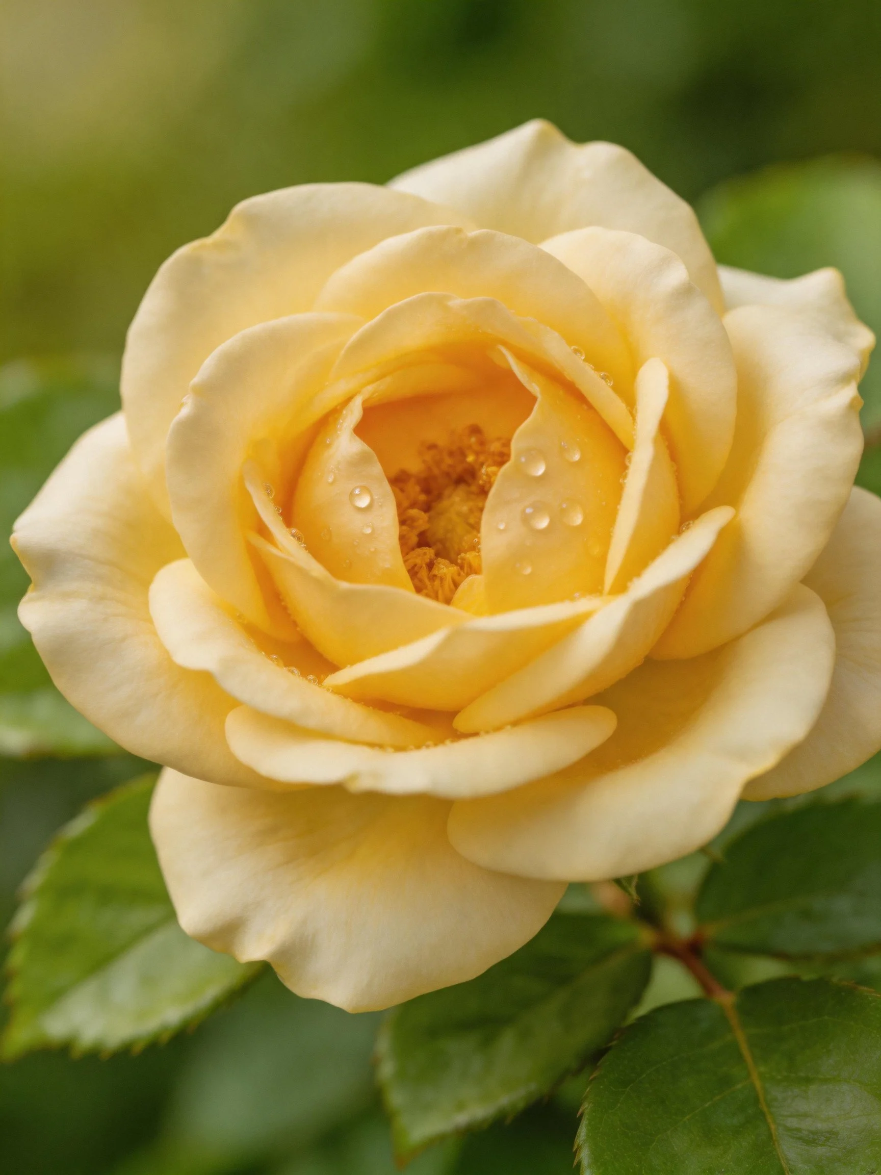 A close - up of a creamy yellow rose with water droplets