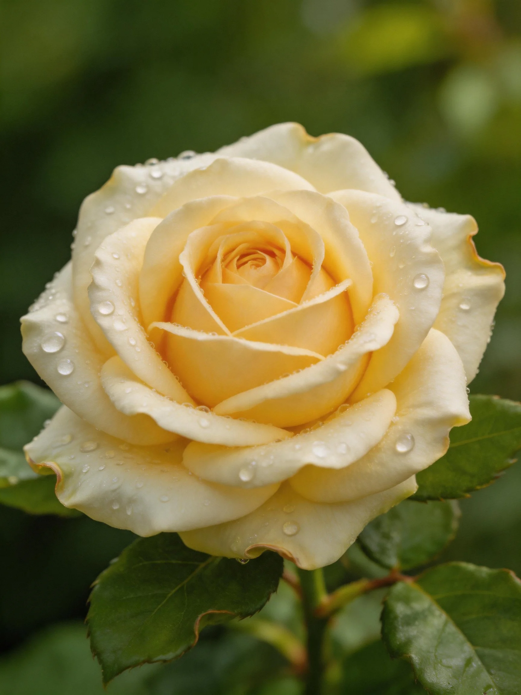 A close - up of a creamy - yellow rose with water droplets