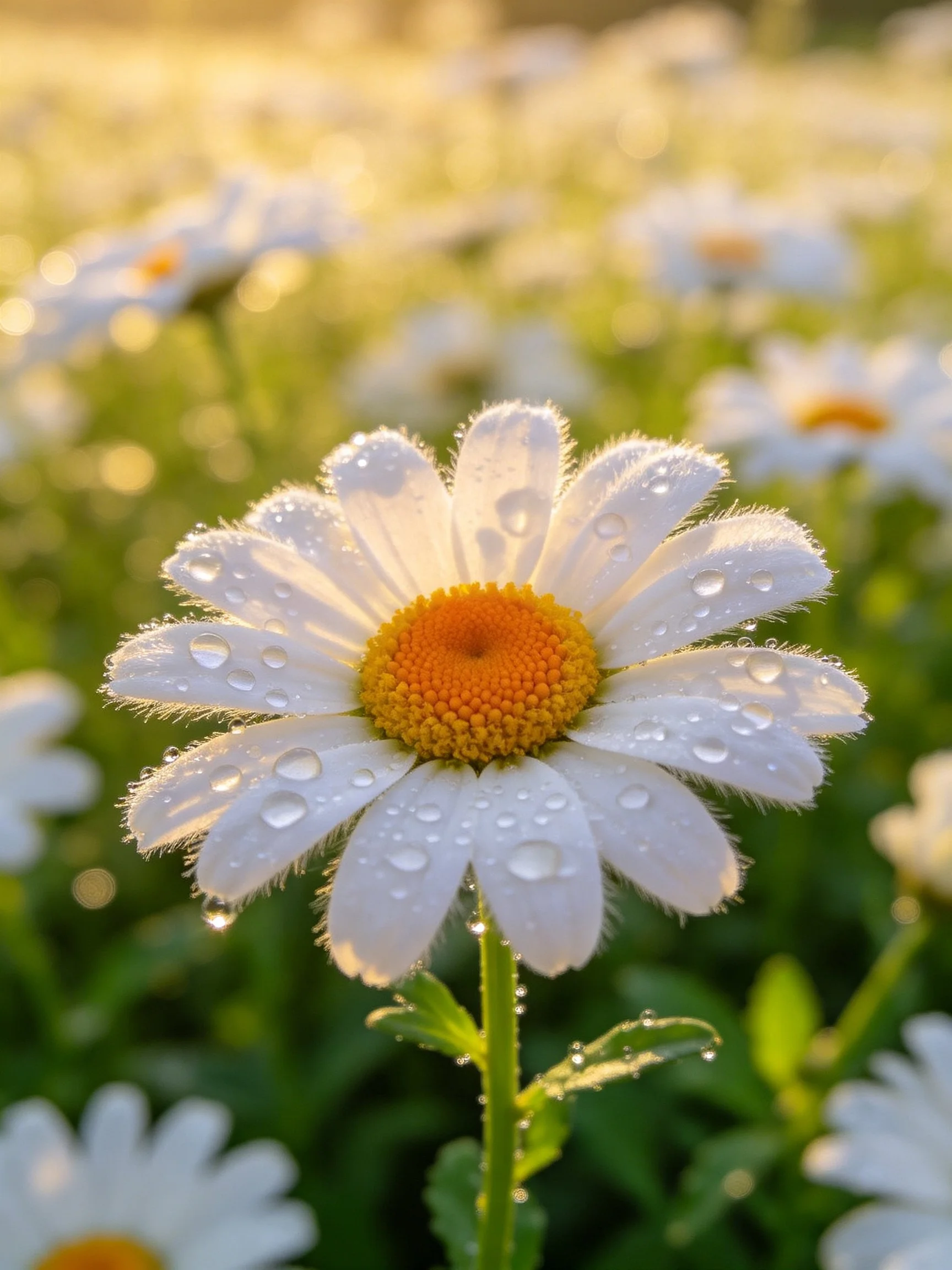 A close - up of a daisy with dew drops in a sunlit meadow