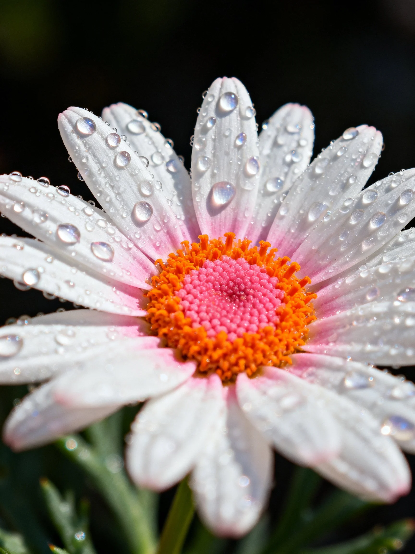 A close - up of a daisy with white petals, pink - orange center, and water droplets