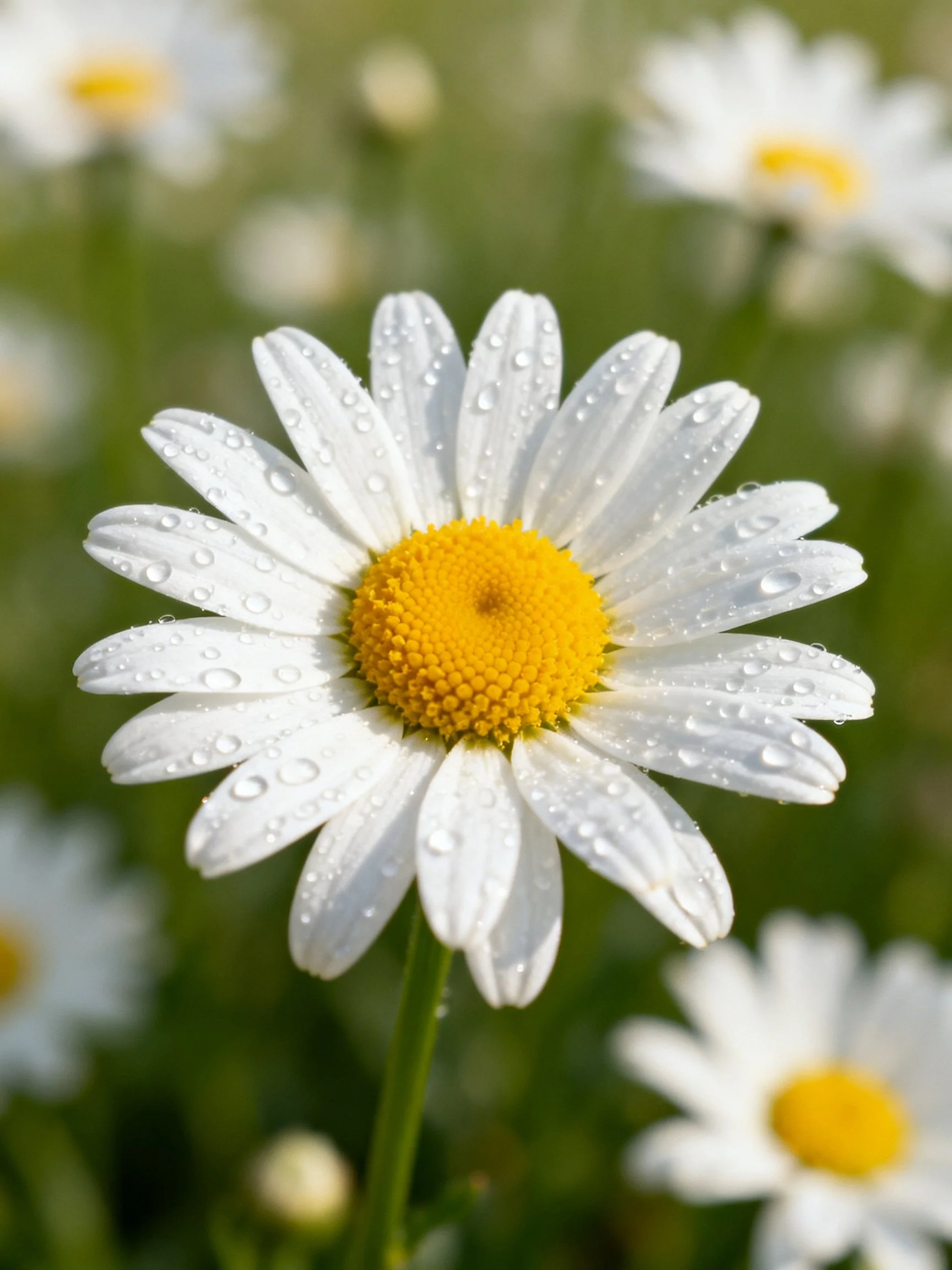 A close - up of a daisy with white petals, yellow center, and dew drops