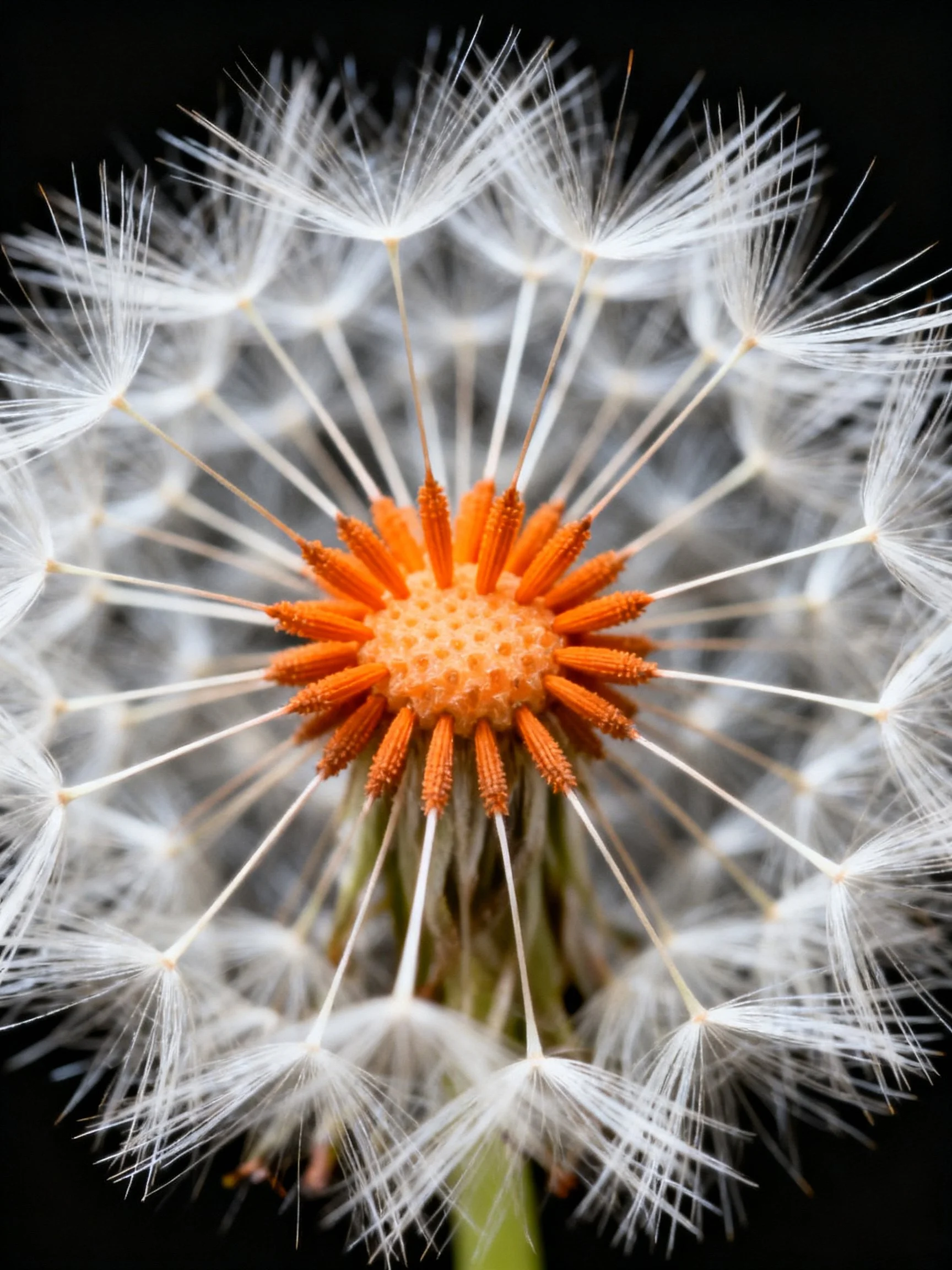 A close-up of a dandelion seed head with vibrant orange center