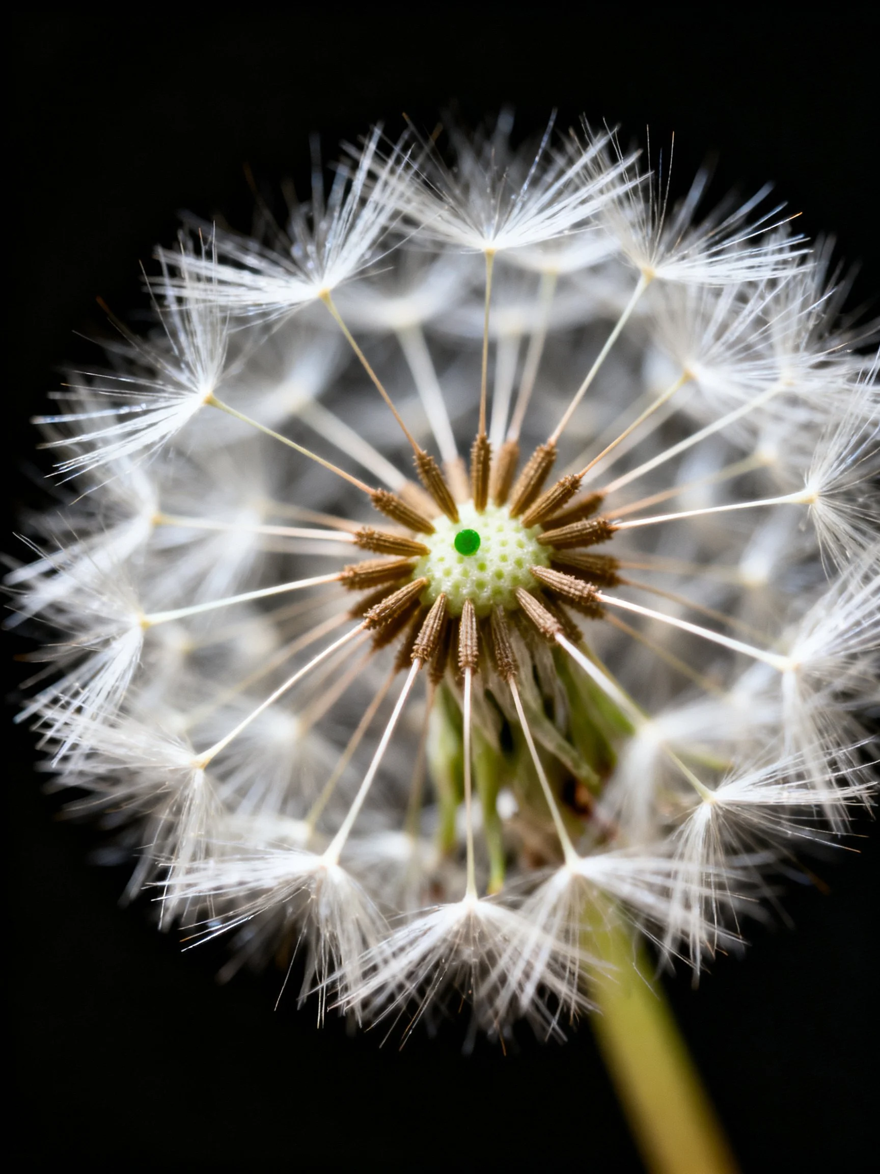 A close - up of a dandelion seed head with white filaments and brown center