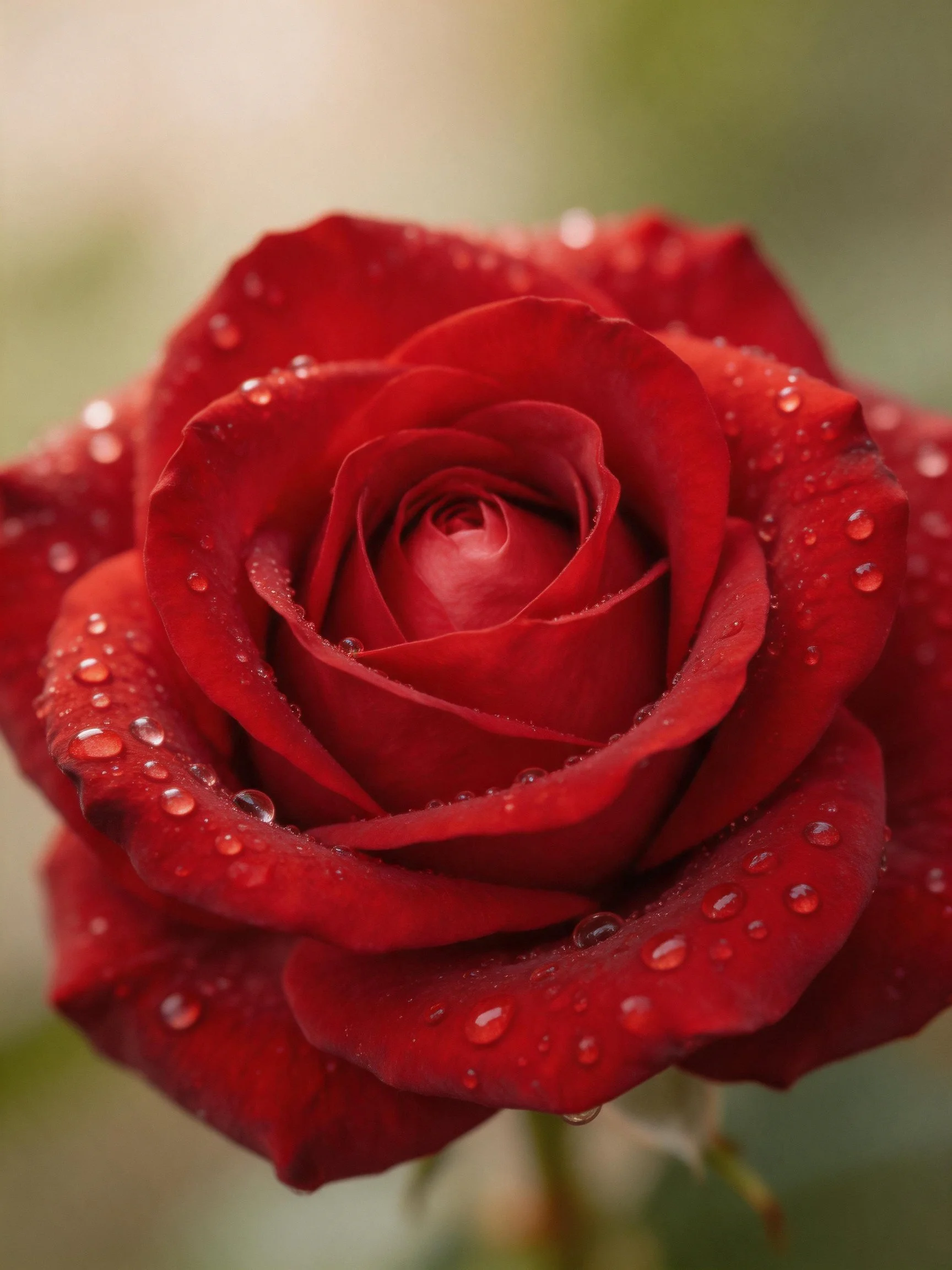 A close - up of a deep red rose with water droplets