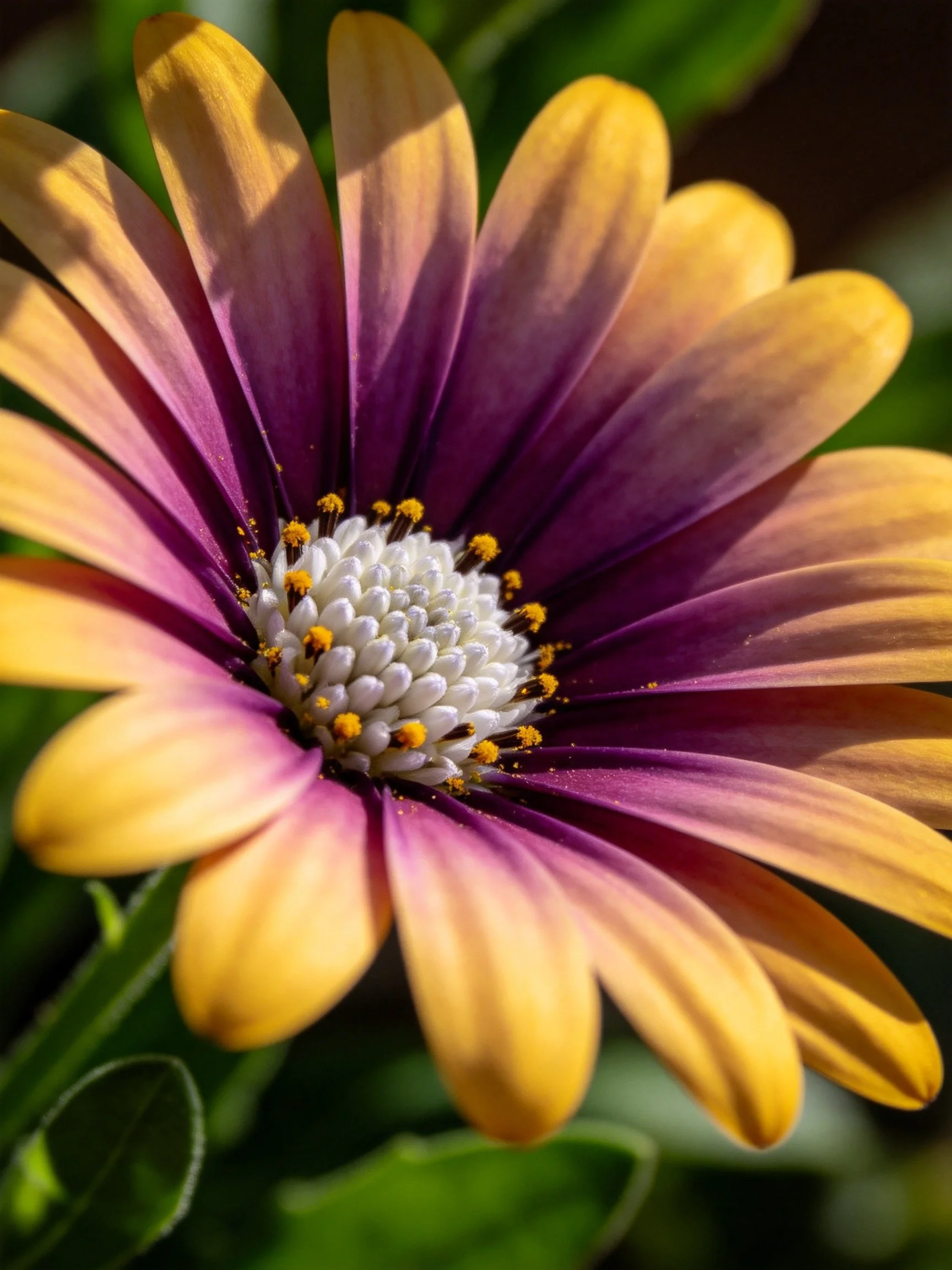 A close - up of a flower with yellow and purple petals, white center, and green foliage