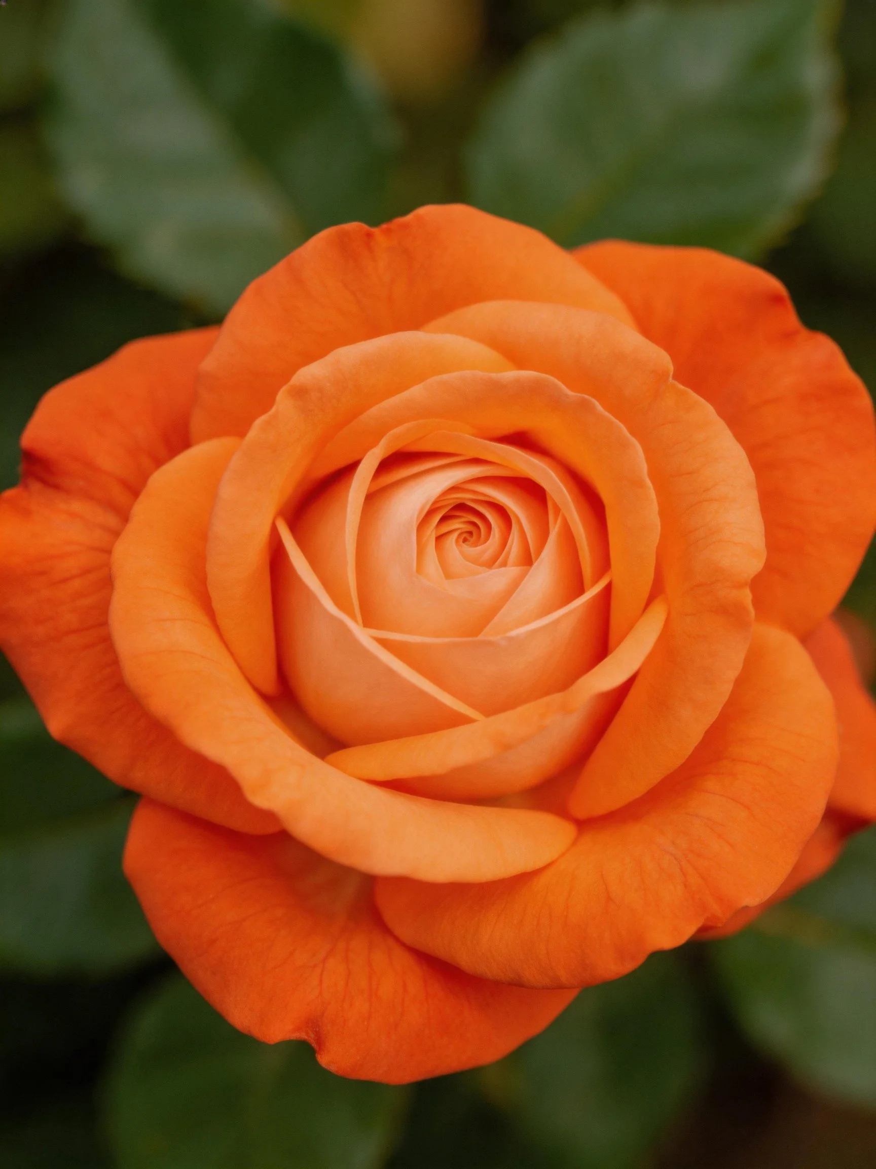 A close-up of a fully bloomed orange rose with green foliage