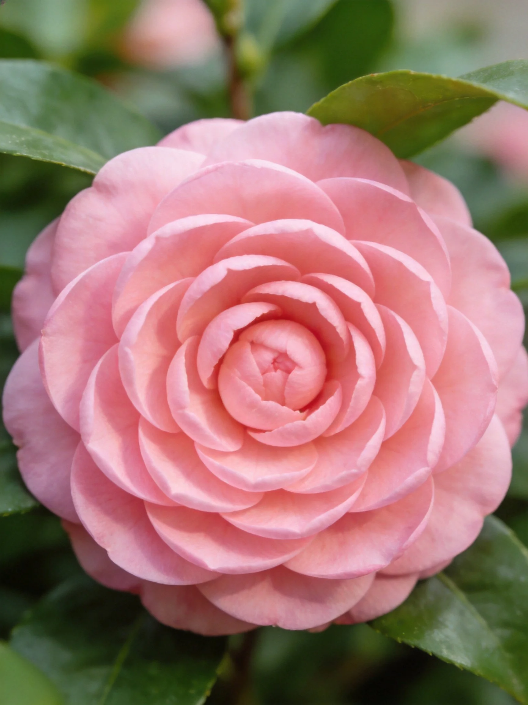 A close - up of a fully bloomed pink camellia with layered petals