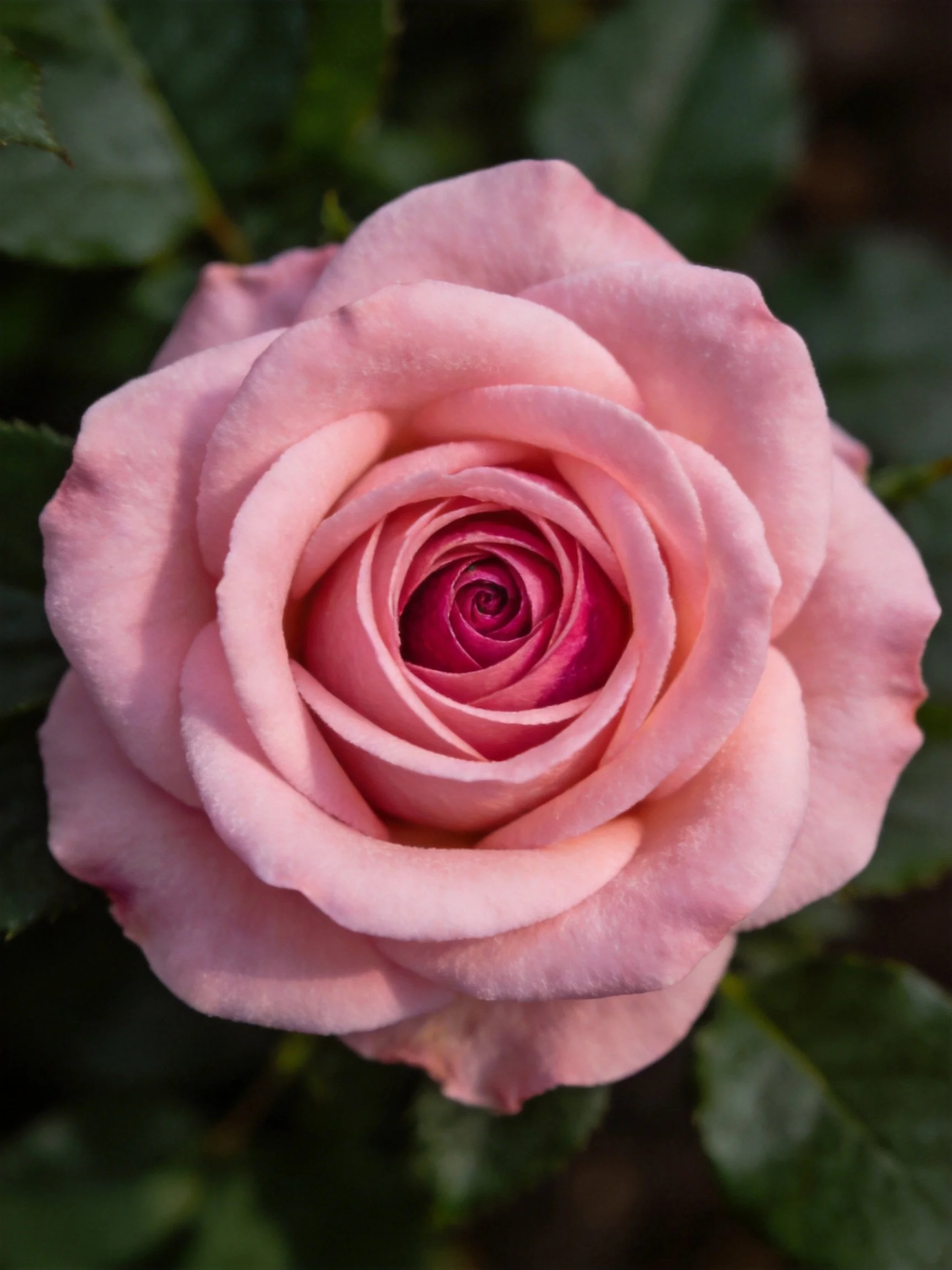 A close-up of a fully bloomed pink rose with layered petals