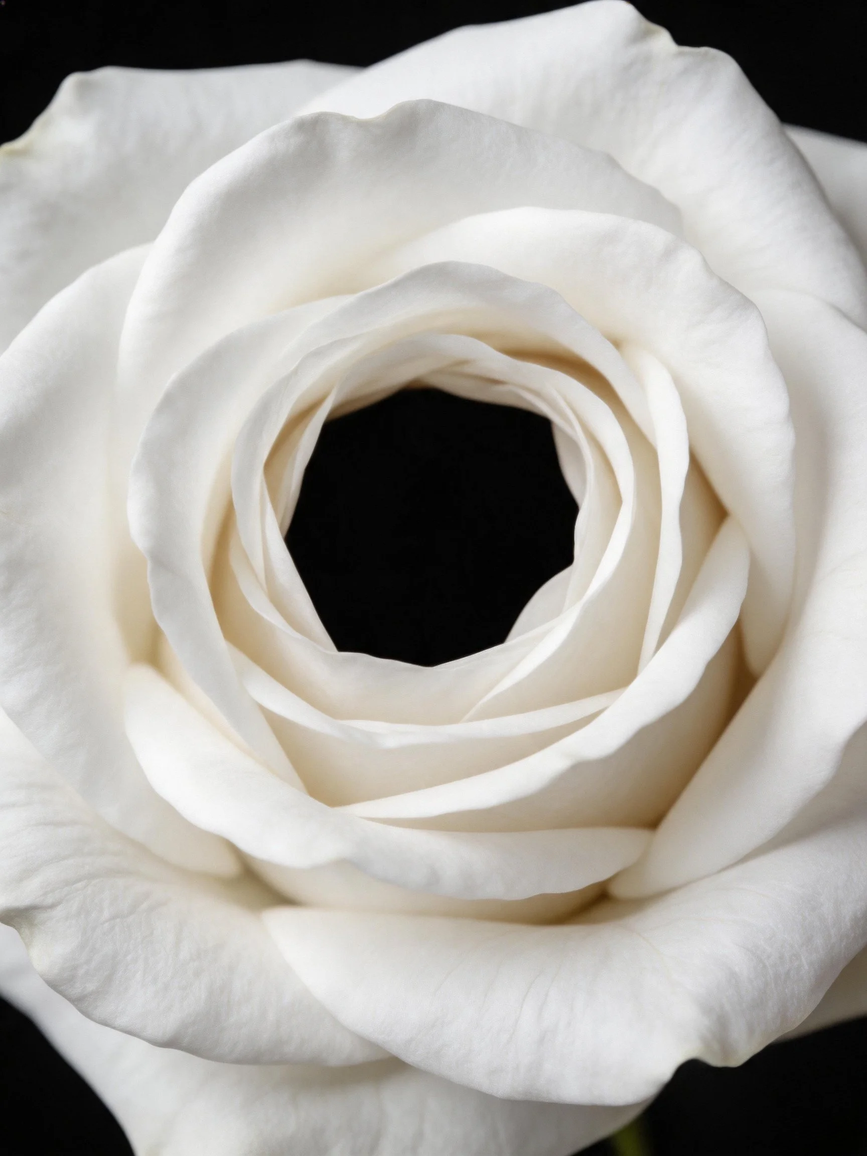 A close - up of a fully bloomed white rose against a black background