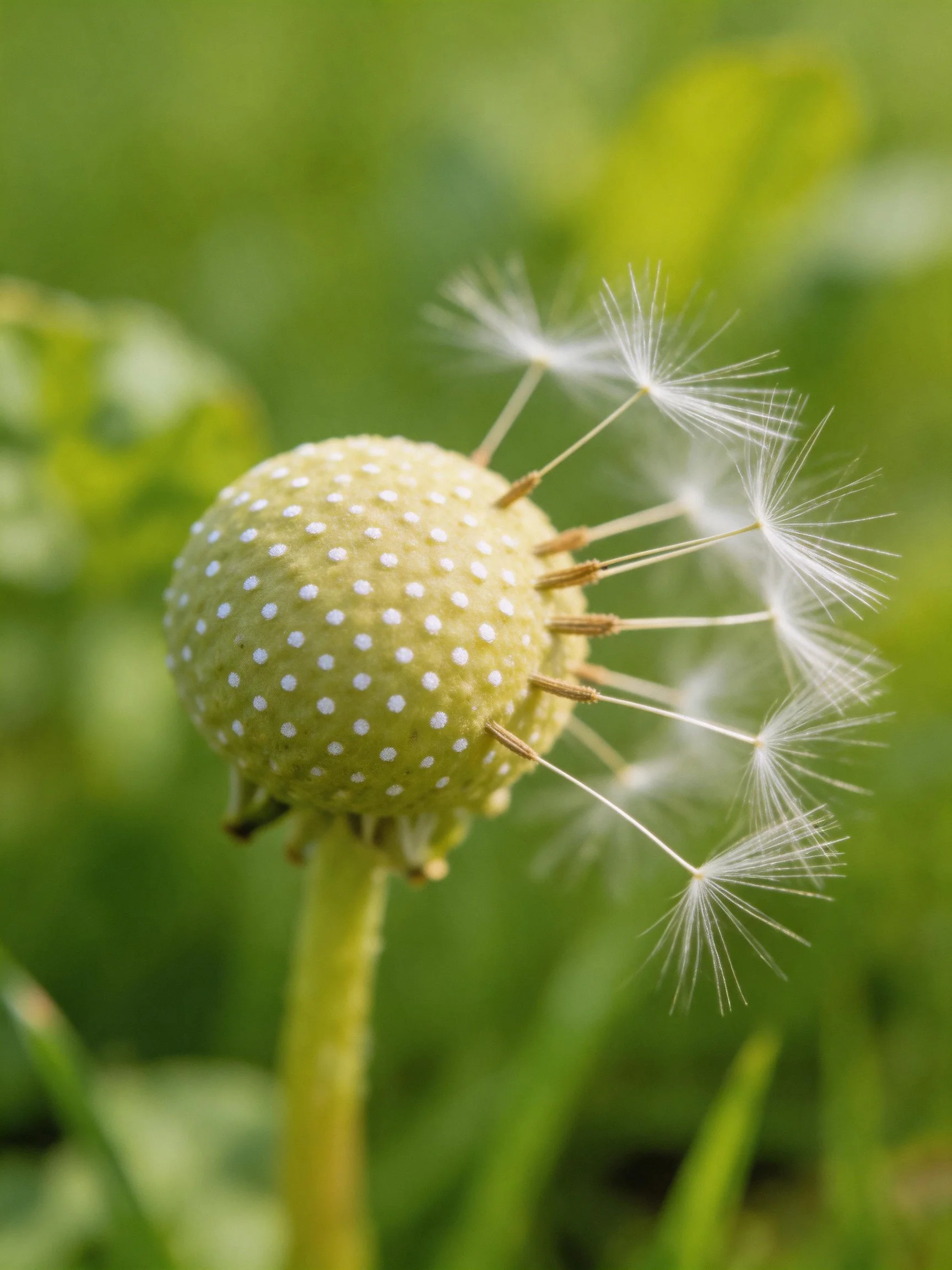 A close - up of a green spotted dandelion seed head with delicate white filaments
