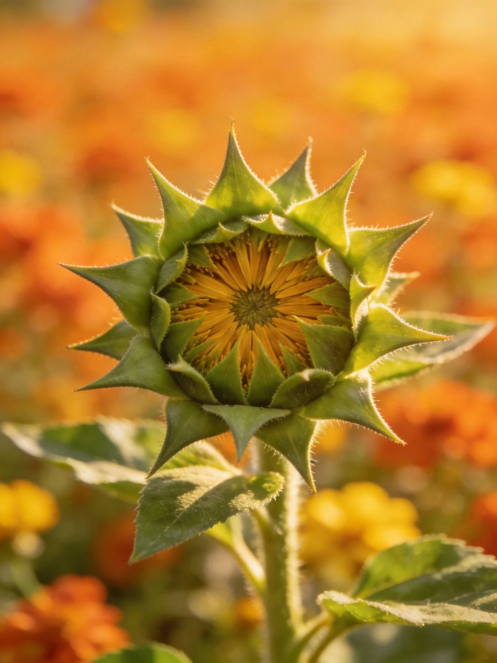A close - up of a green sunflower bud with golden center amidst orange blooms