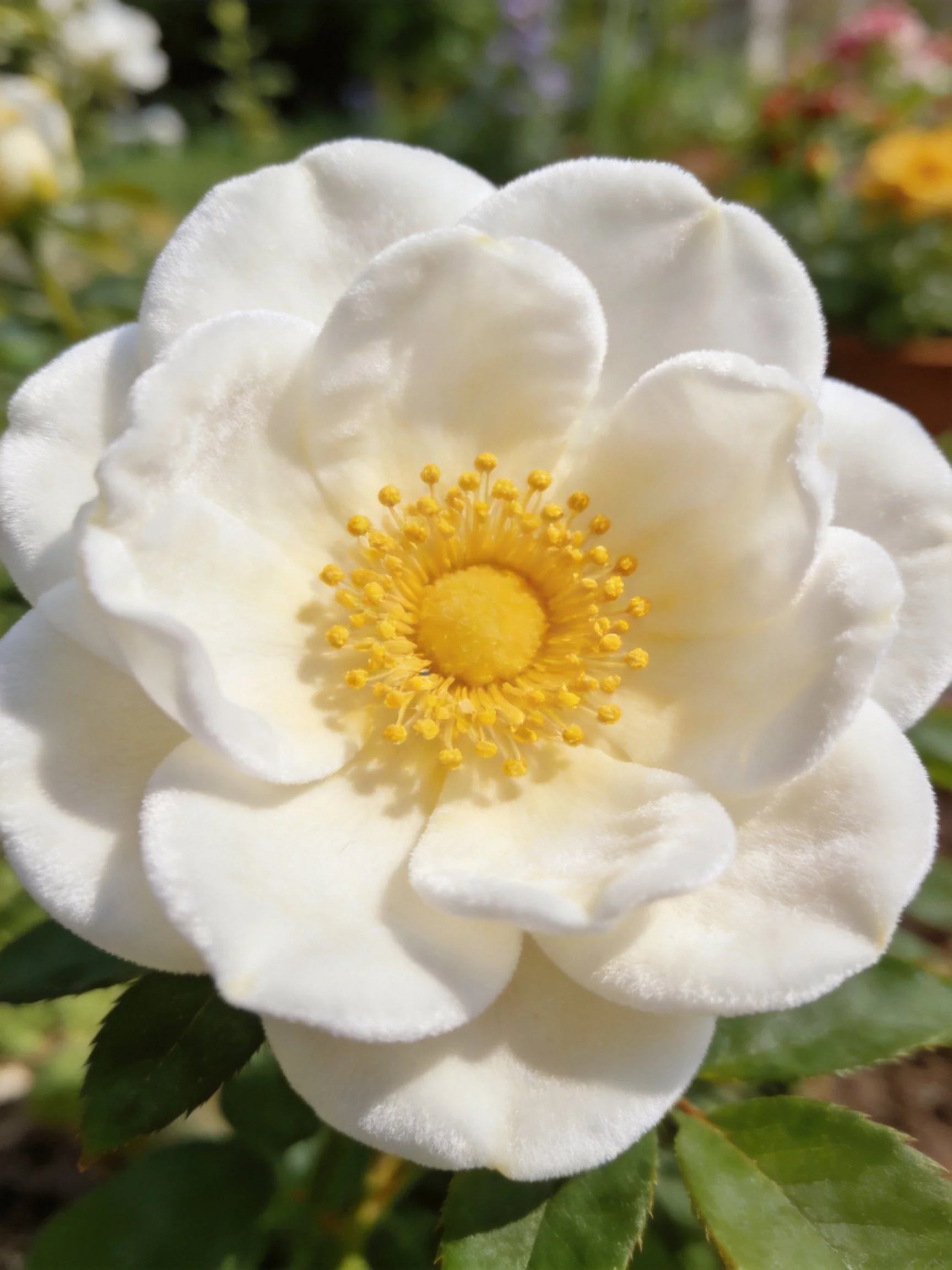 A close - up of a large white felt - with a bright yellow center