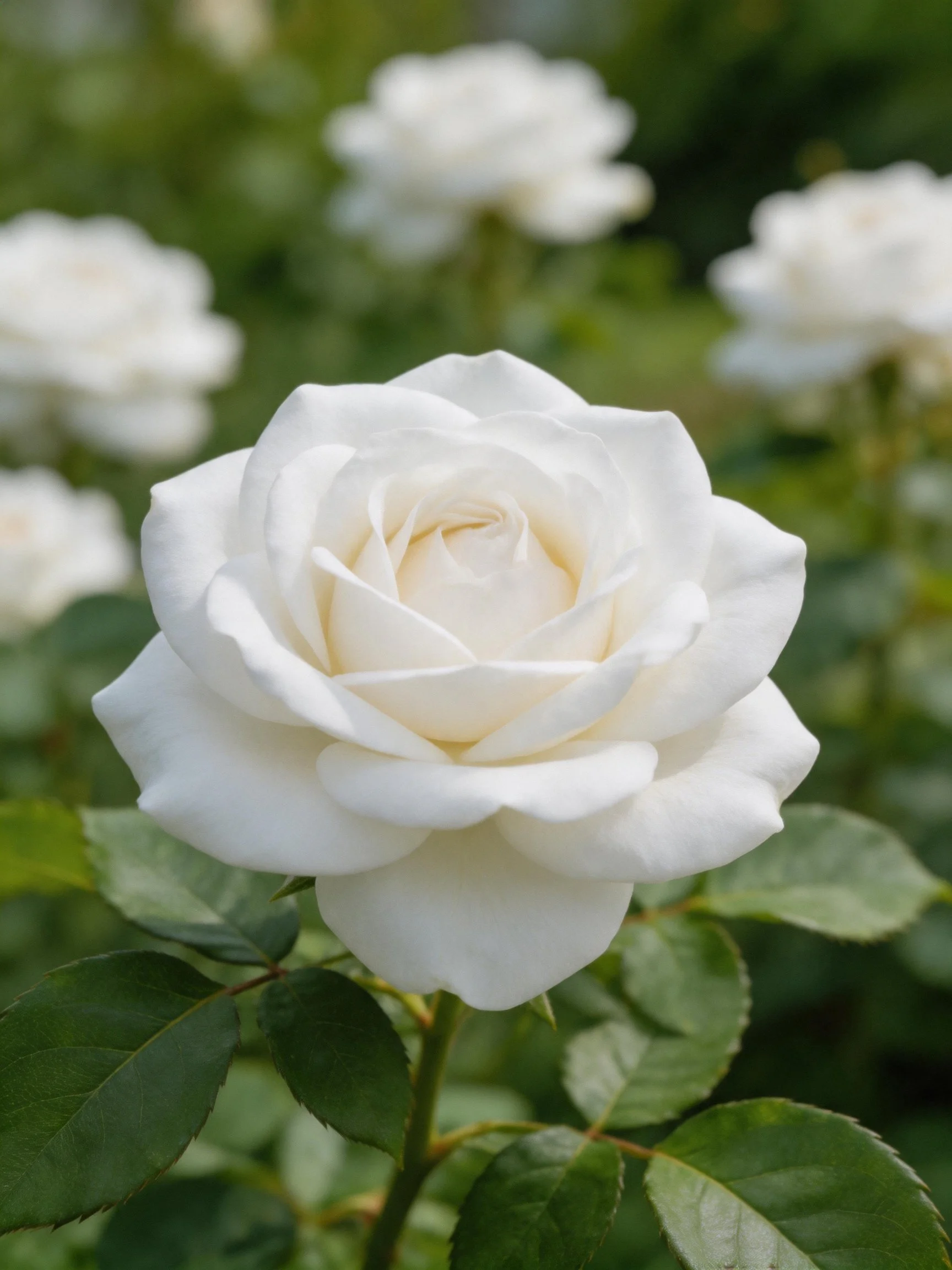 A close - up of a large white rose with smaller blooms in the background