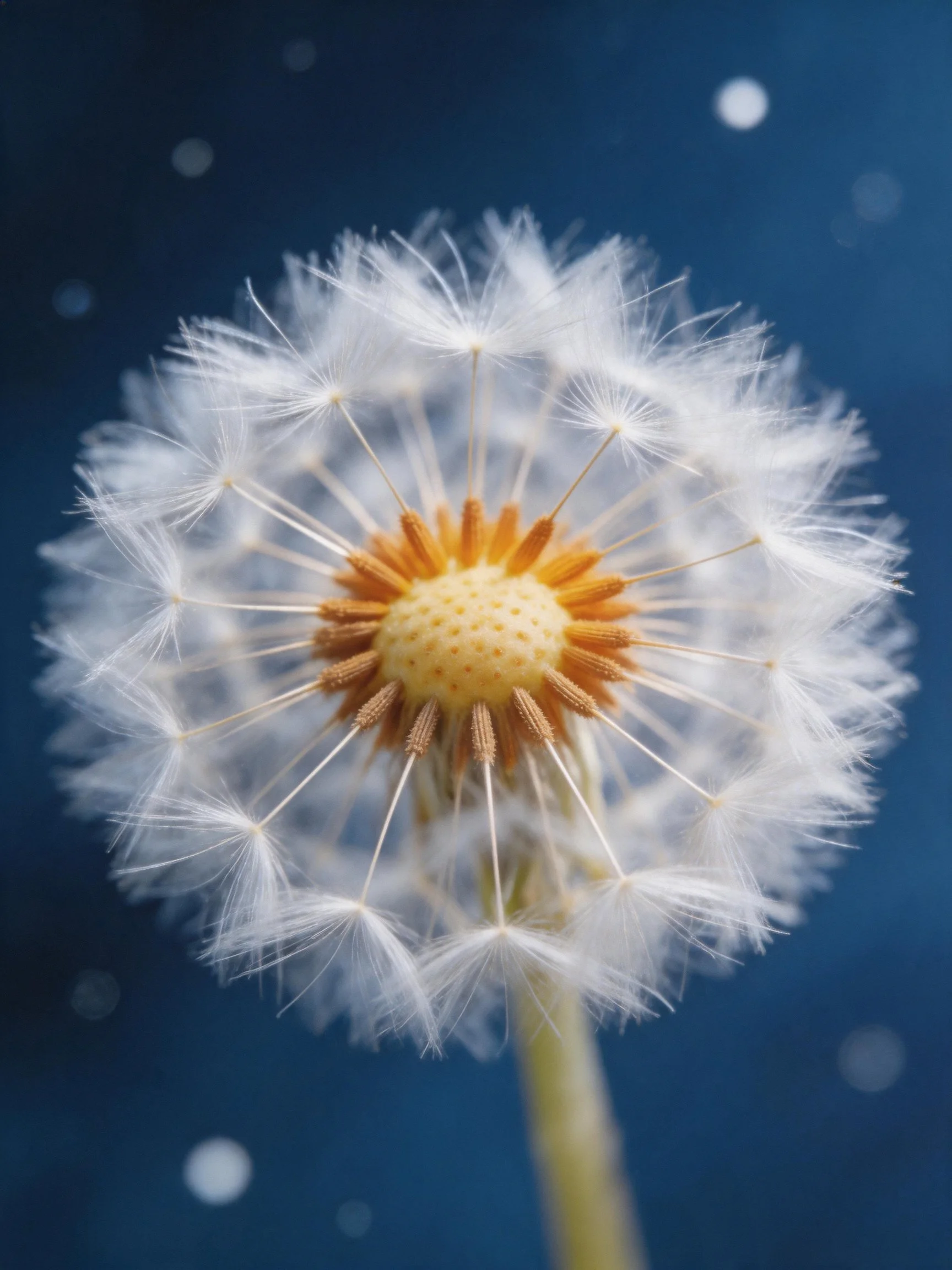A close - up of a mature dandelion seed head against a deep blue backdrop