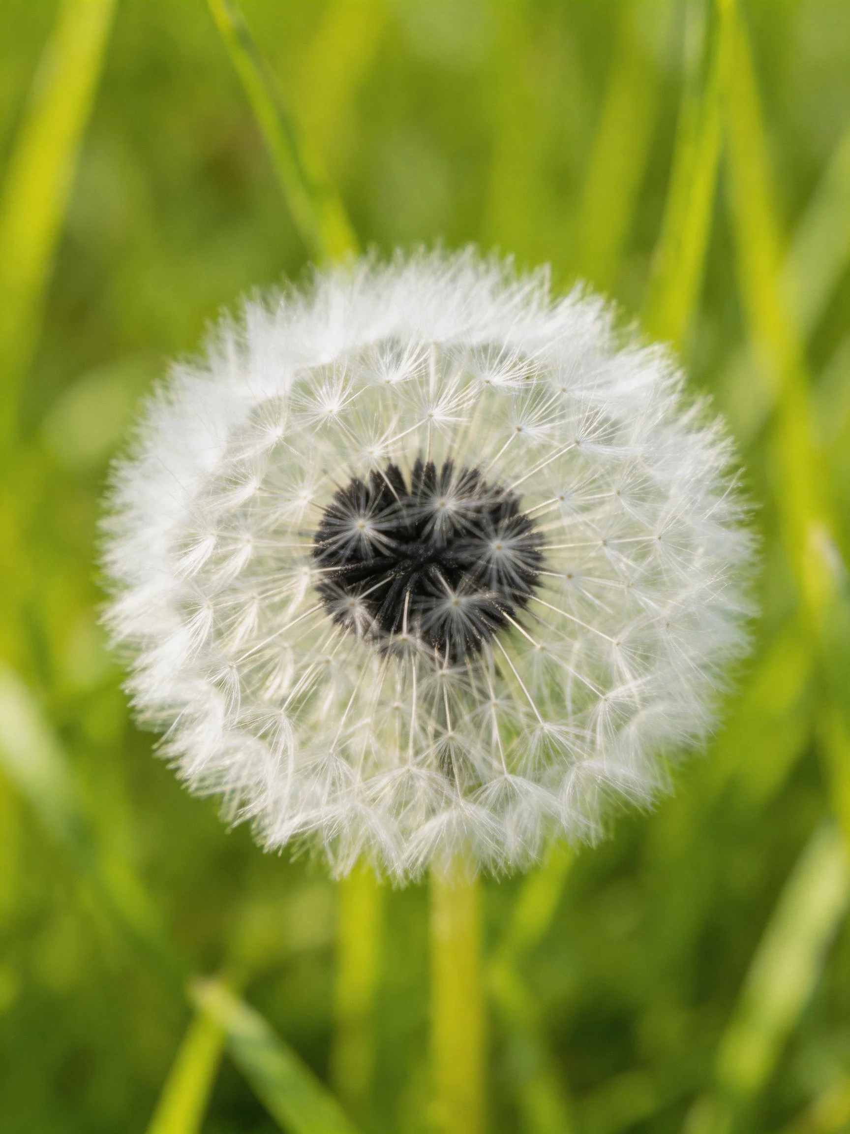 A close - up of a mature dandelion seed head against green foliage