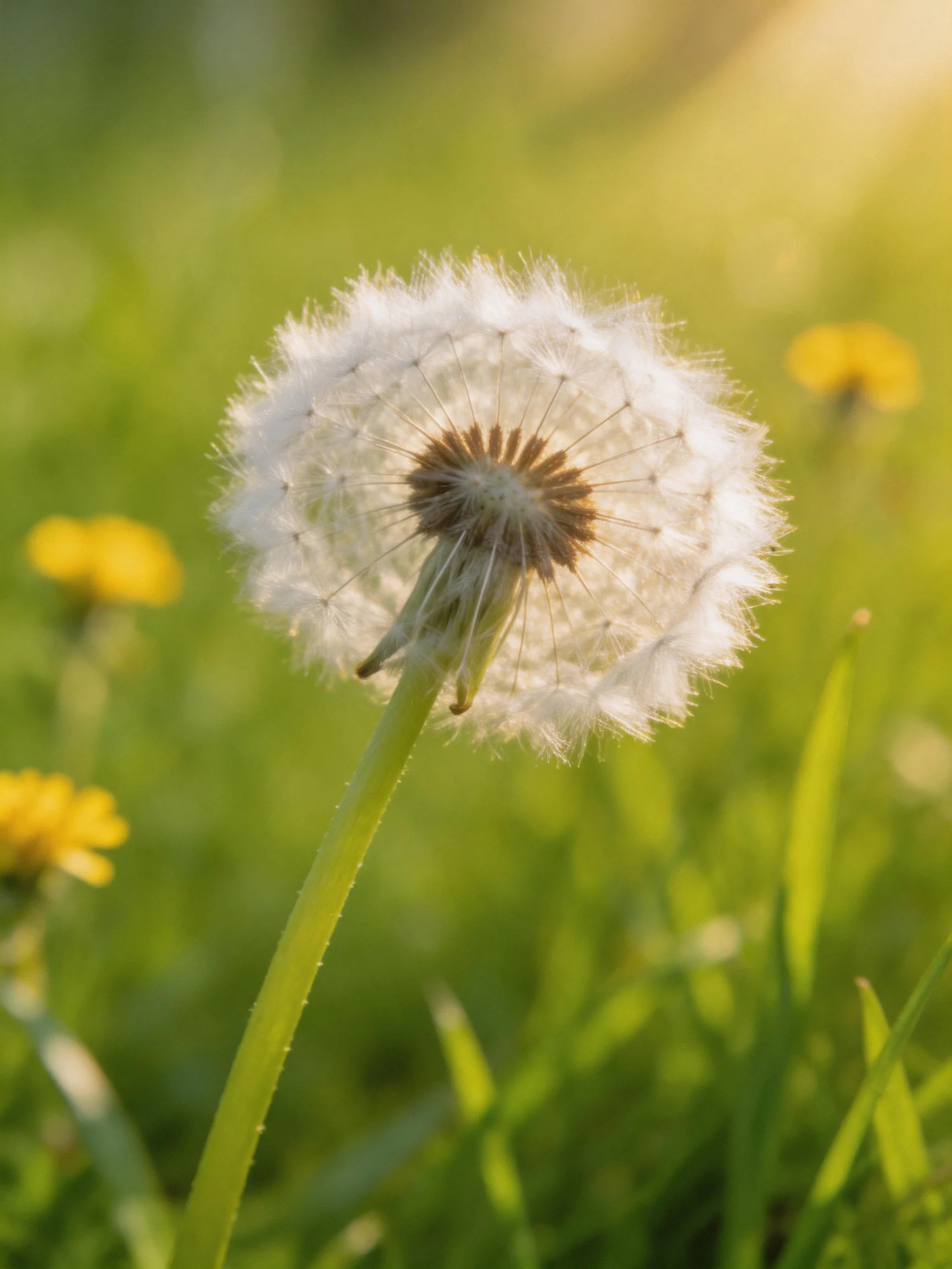 A close-up of a mature dandelion seed head in green surroundings