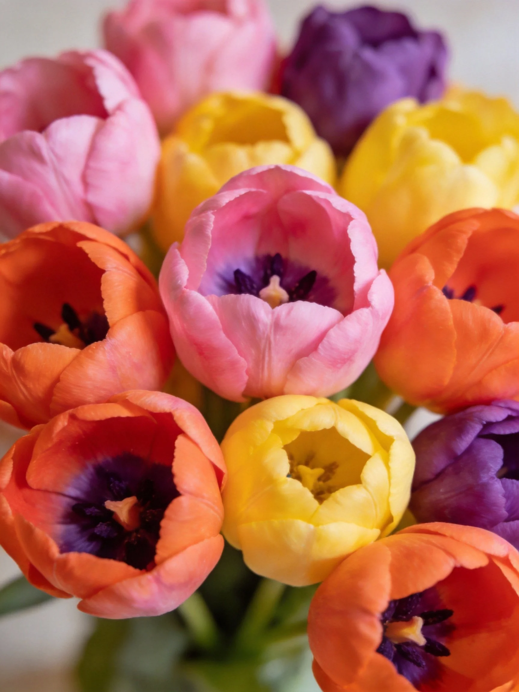 A close - up of a mixed - colored tulip bouquet