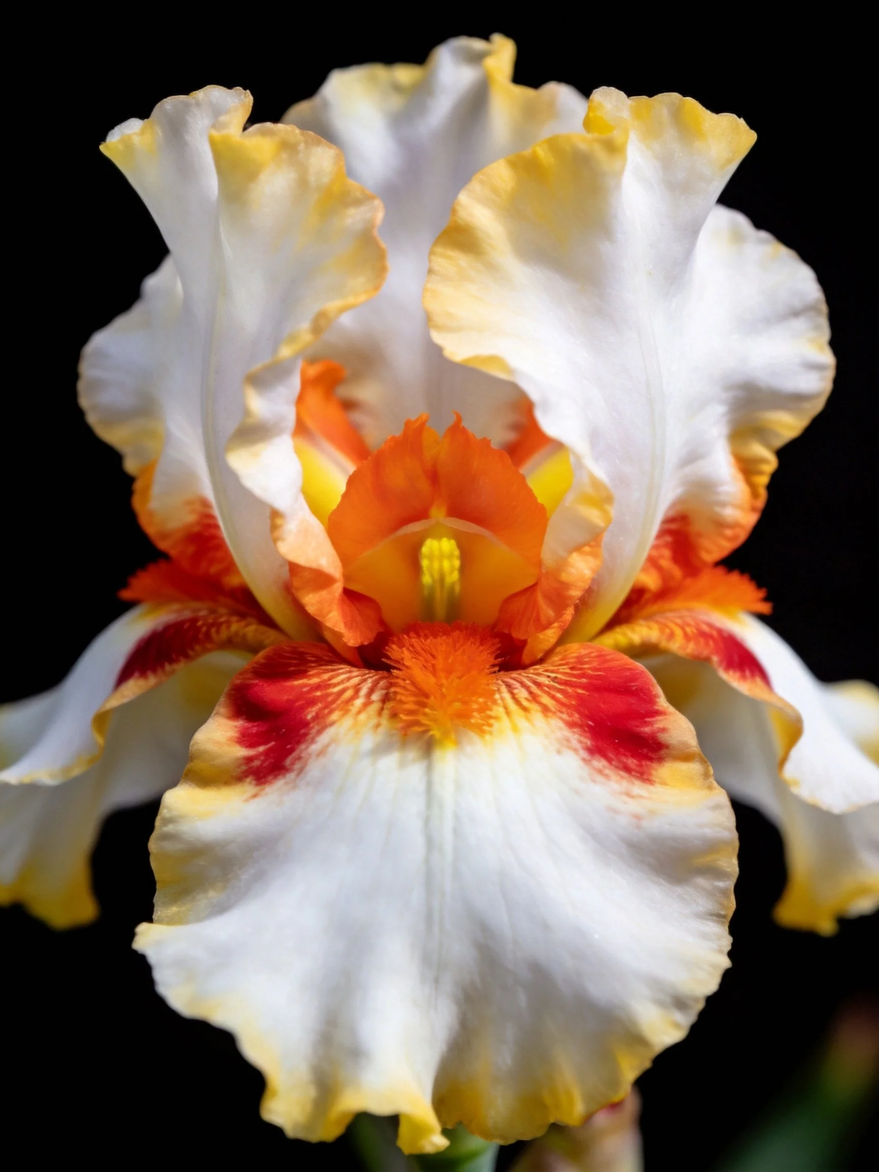 A close-up of a multicolored iris flower with white, yellow, orange, and red petals
