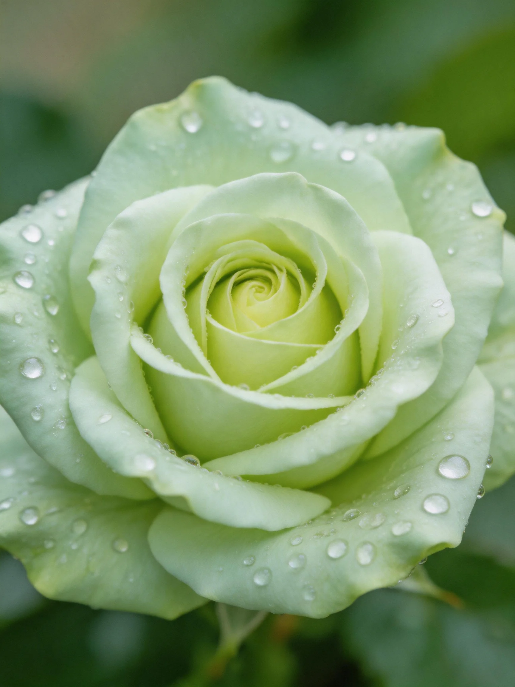 A close - up of a pale green rose with water droplets